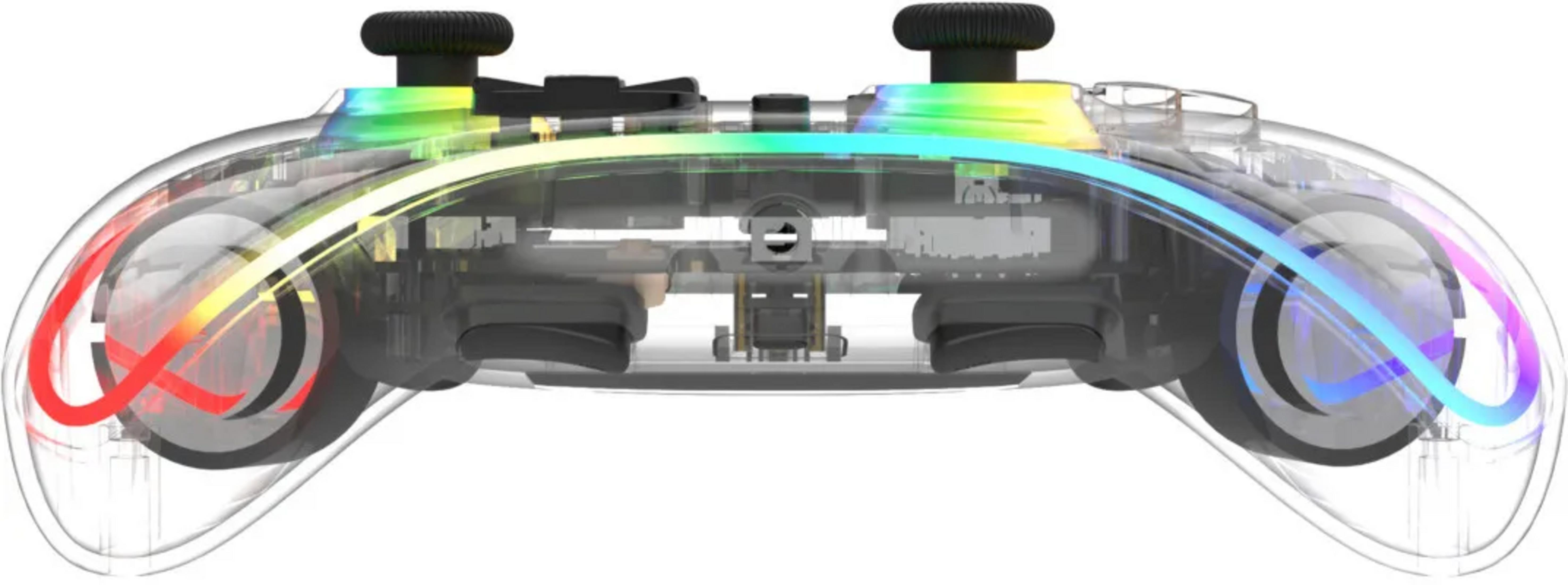 Transparenter Controller mit RGB-Beleuchtung und sichtbaren Innenteilen.