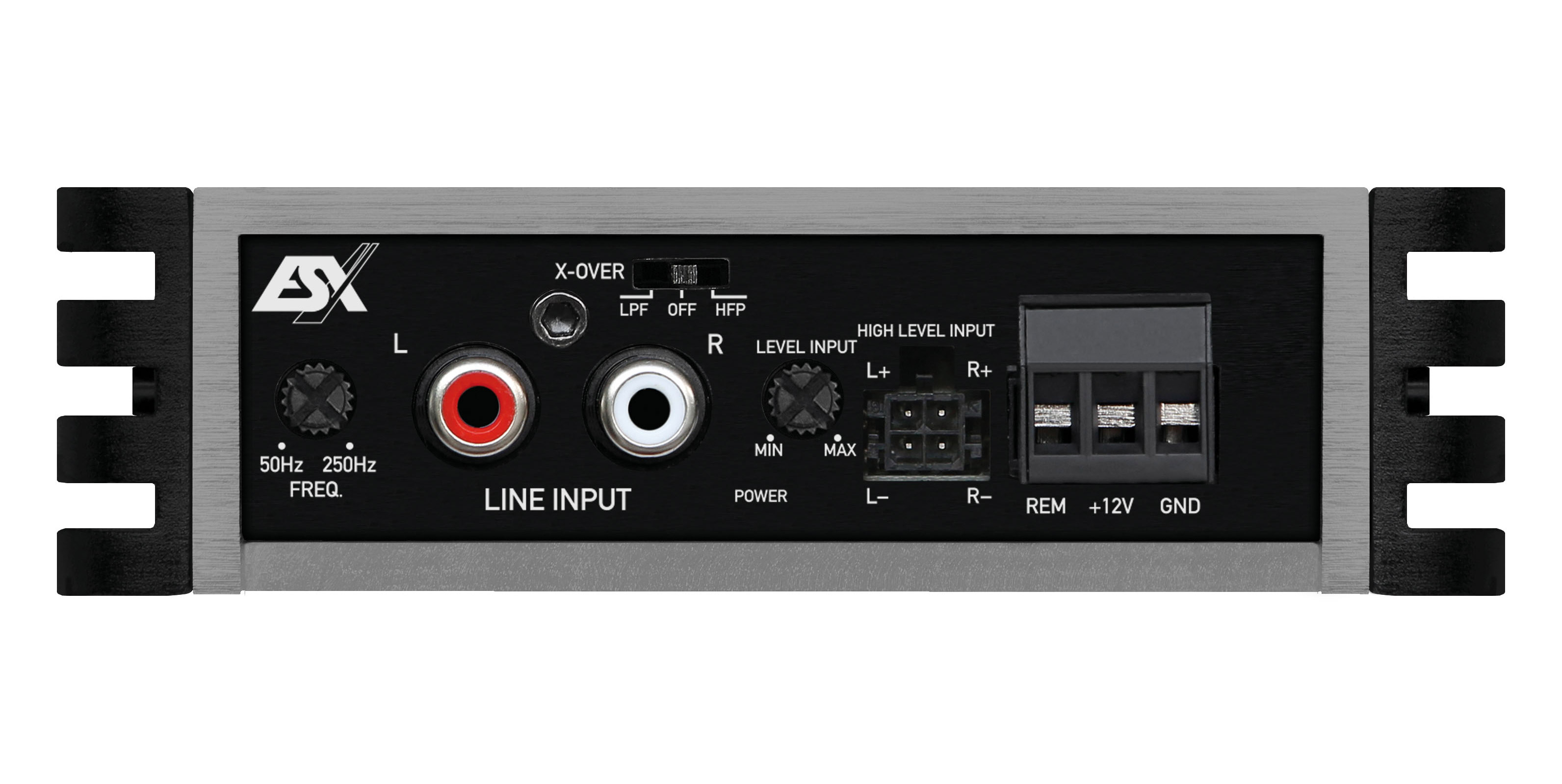 Rückseite eines Verstärkers mit Anschlüssen für Line-Eingang, Level-Eingang und Strom.