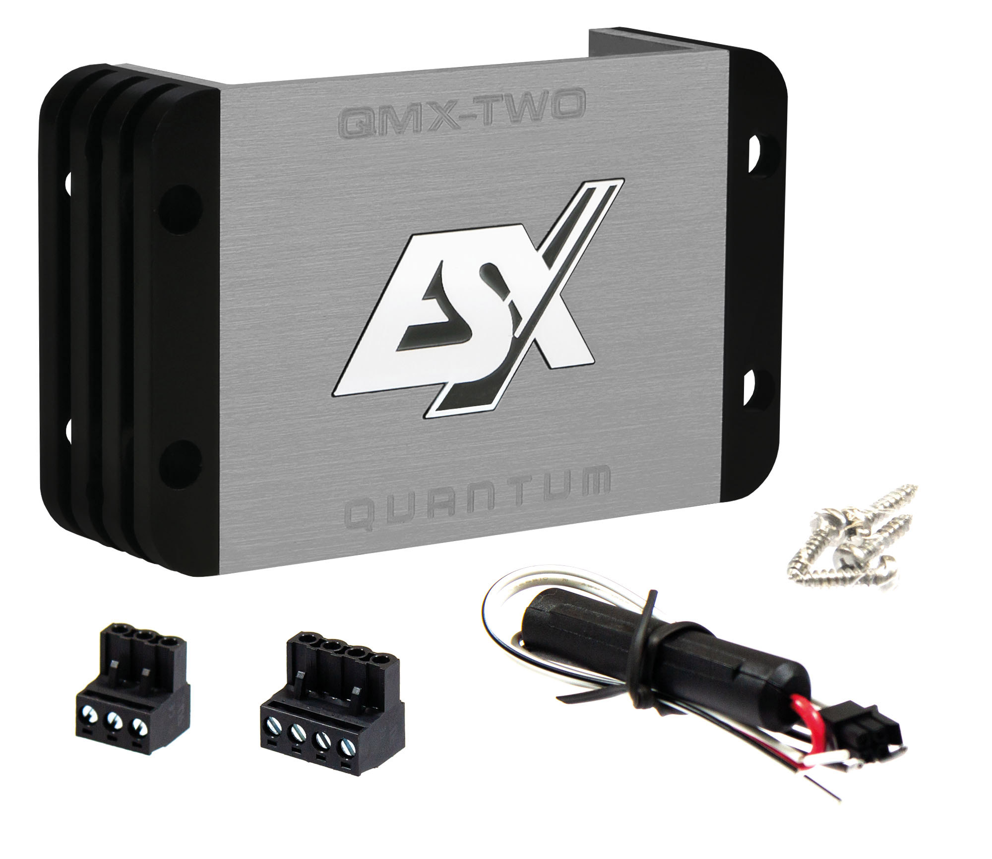 Ein silberner QMX-TWO QNX-Computer mit schwarzen Kühlrippen, Zubehör und Schrauben.