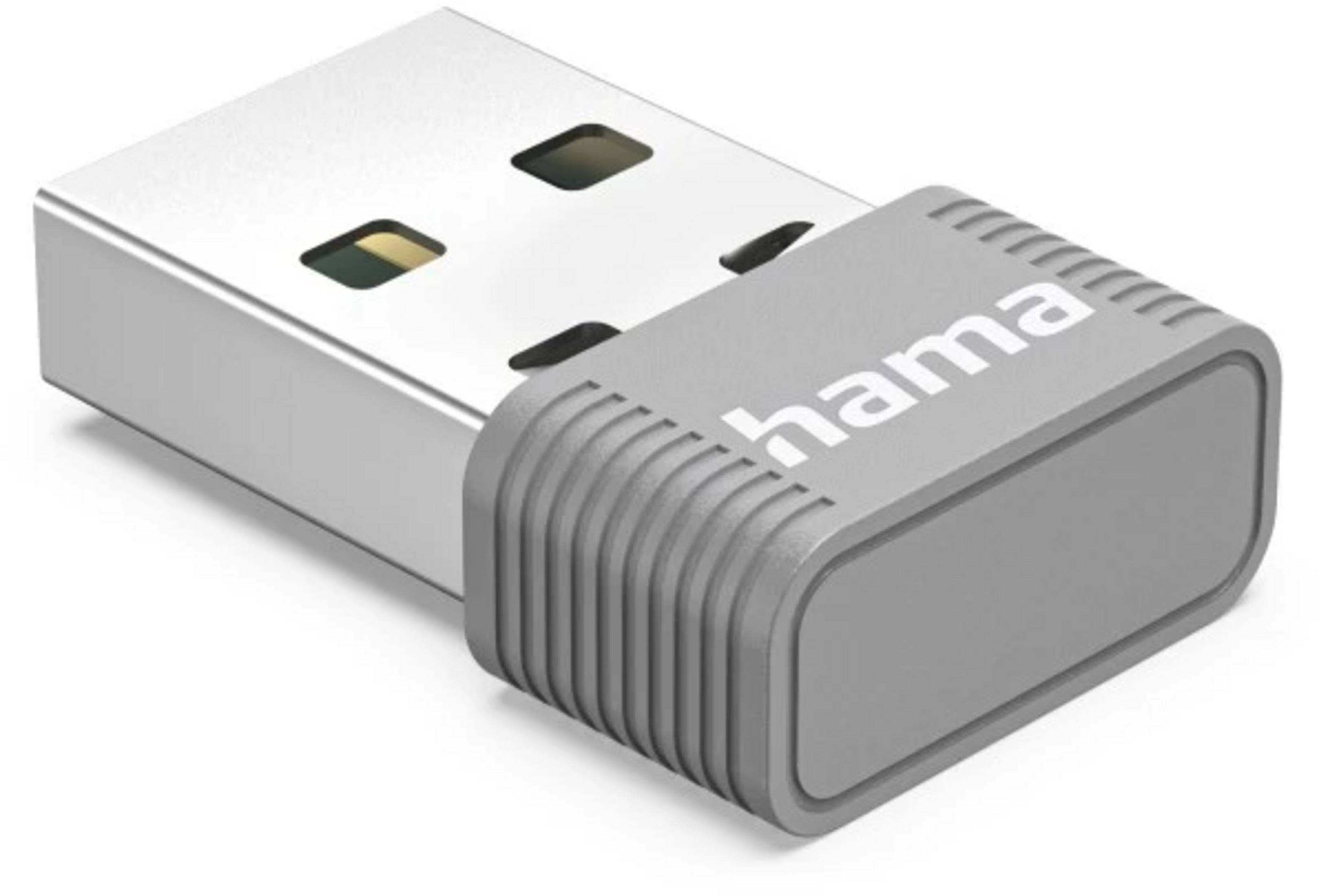 Ein silberner USB-Adapter mit grauer Kappe, auf der 'hama' steht.