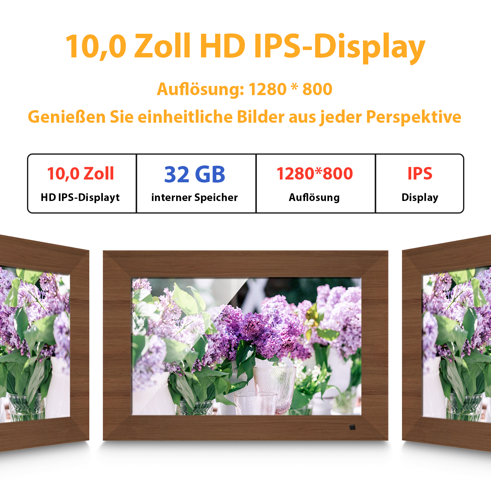 Digitaler Bilderrahmen mit lila Flieder, 10 Zoll HD IPS Display, 32GB.