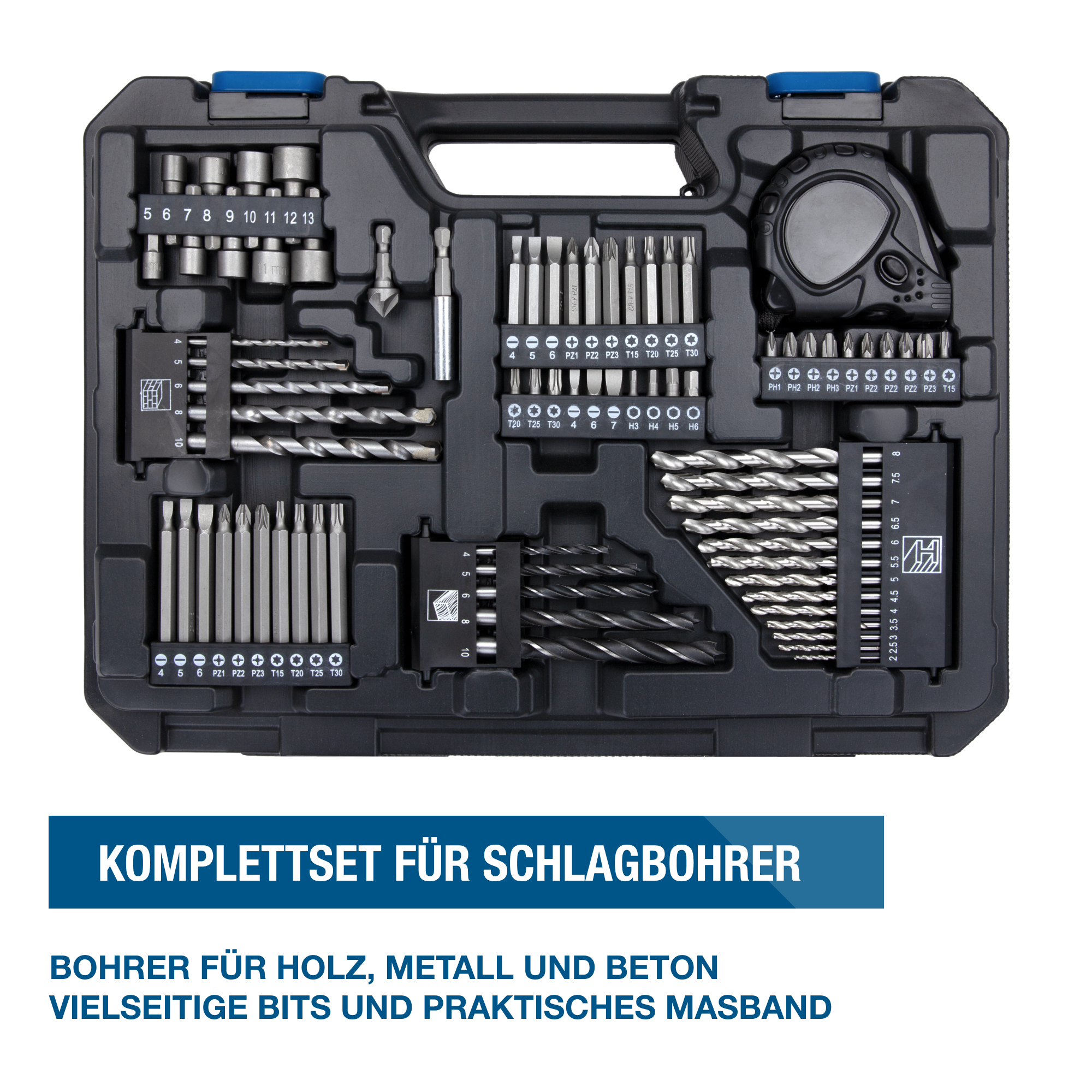 Ein schwarzer Koffer mit vielen Werkzeugen, darunter Bohrer, Bits und ein Maßband.