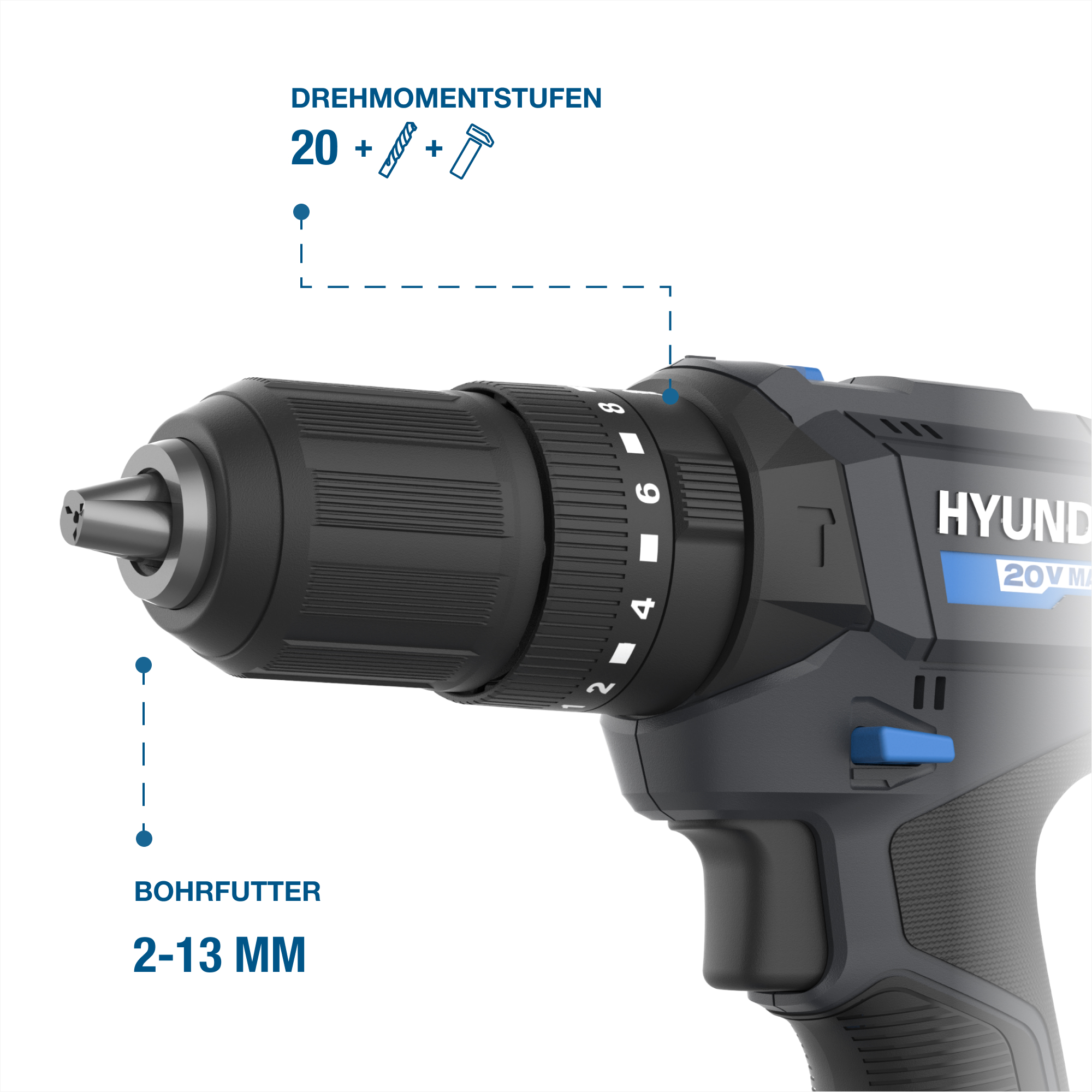 Nahaufnahme eines schwarzen Akkuschraubers mit blauen Akzenten. Drehmomentstufen 20+ und Bohrfutter 2-13mm.