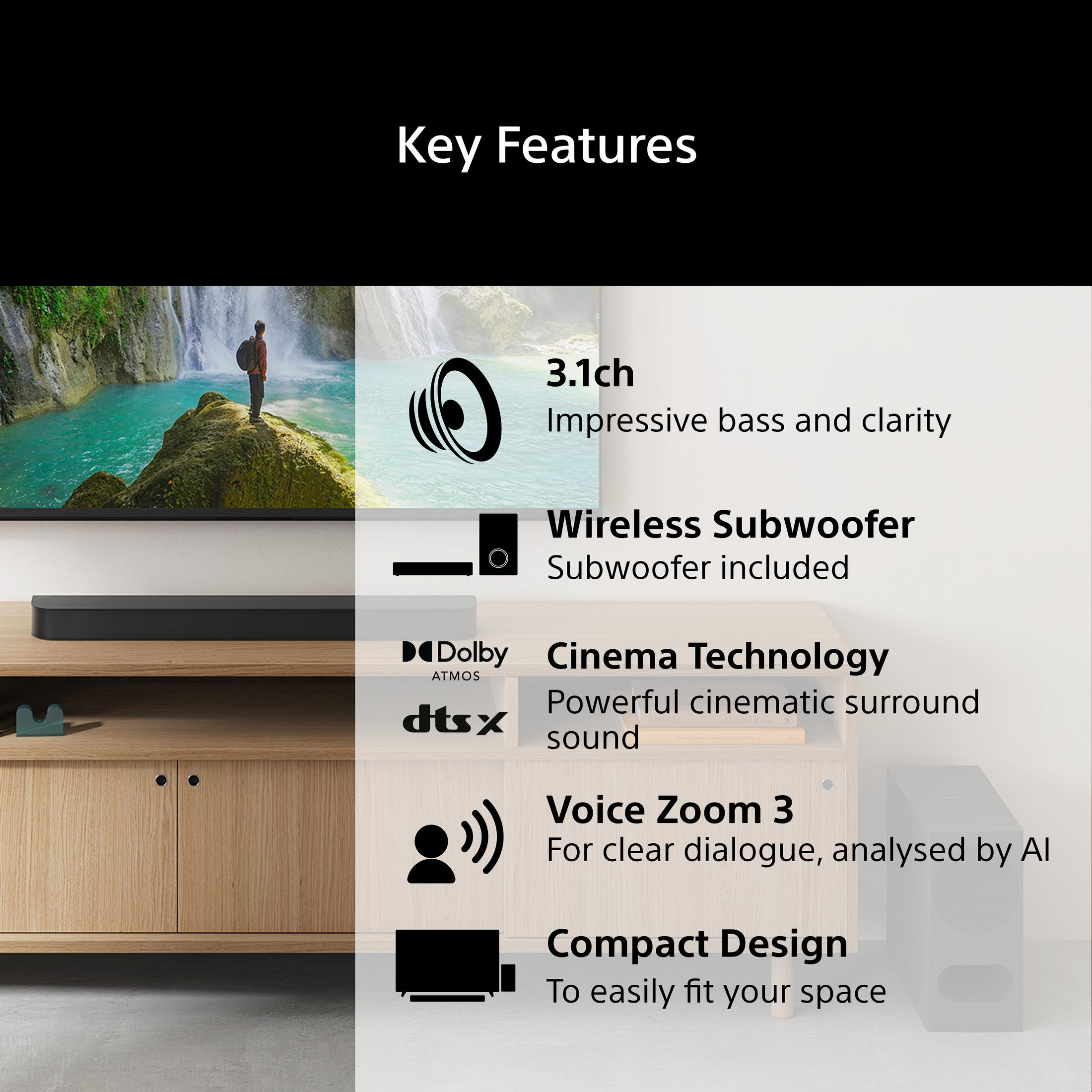 Schlüsselfunktionen: 3.1ch, kabelloser Subwoofer, Kino-Technologie, Voice Zoom 3, kompaktes Design.
