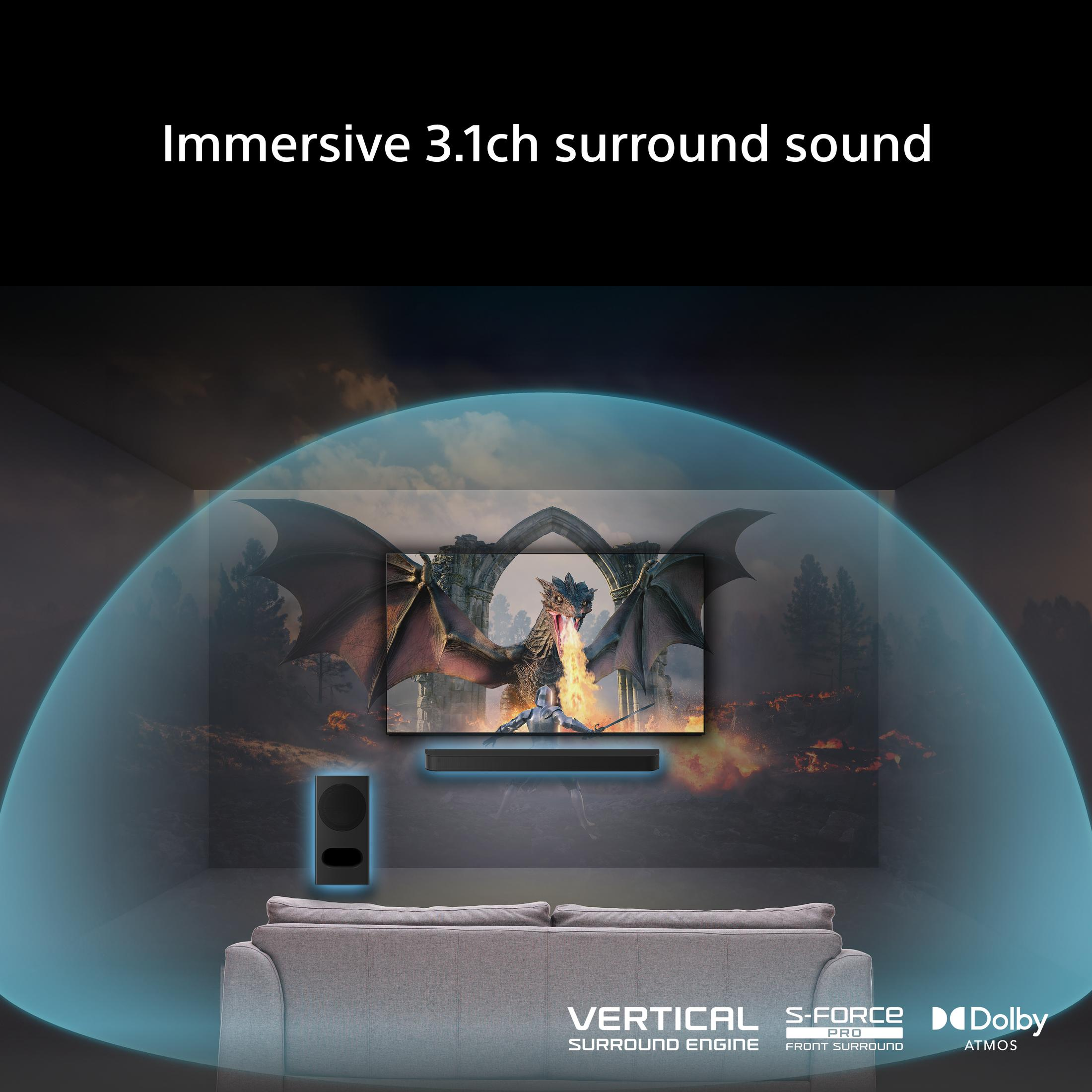 Ein Heimkino mit Fernseher, Soundbar, Subwoofer und Sofa zeigt eine Drachenszene.