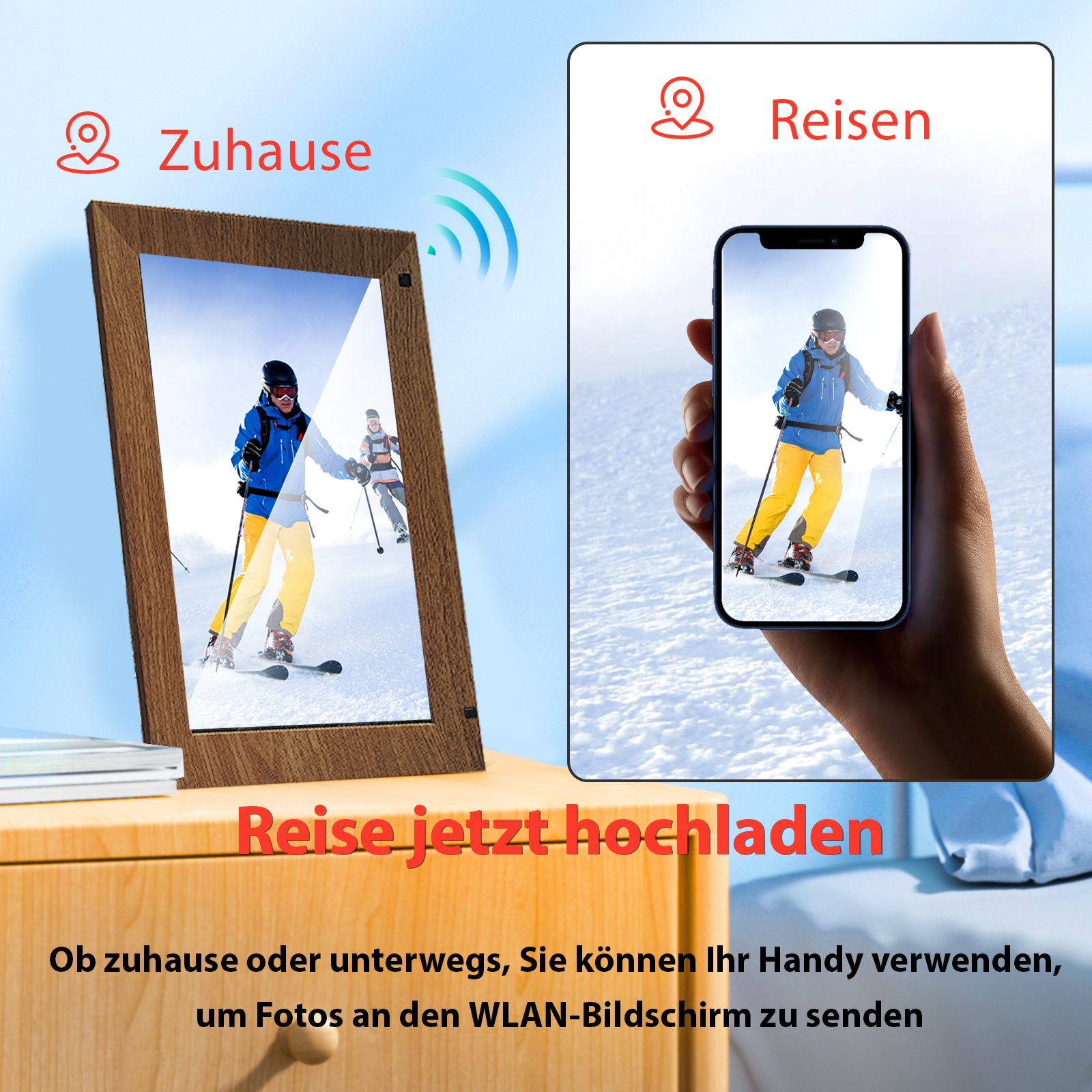 Digitaler Bilderrahmen zeigt Skifahrer. Handy zeigt Skifahrer. Zuhause und Reisen.