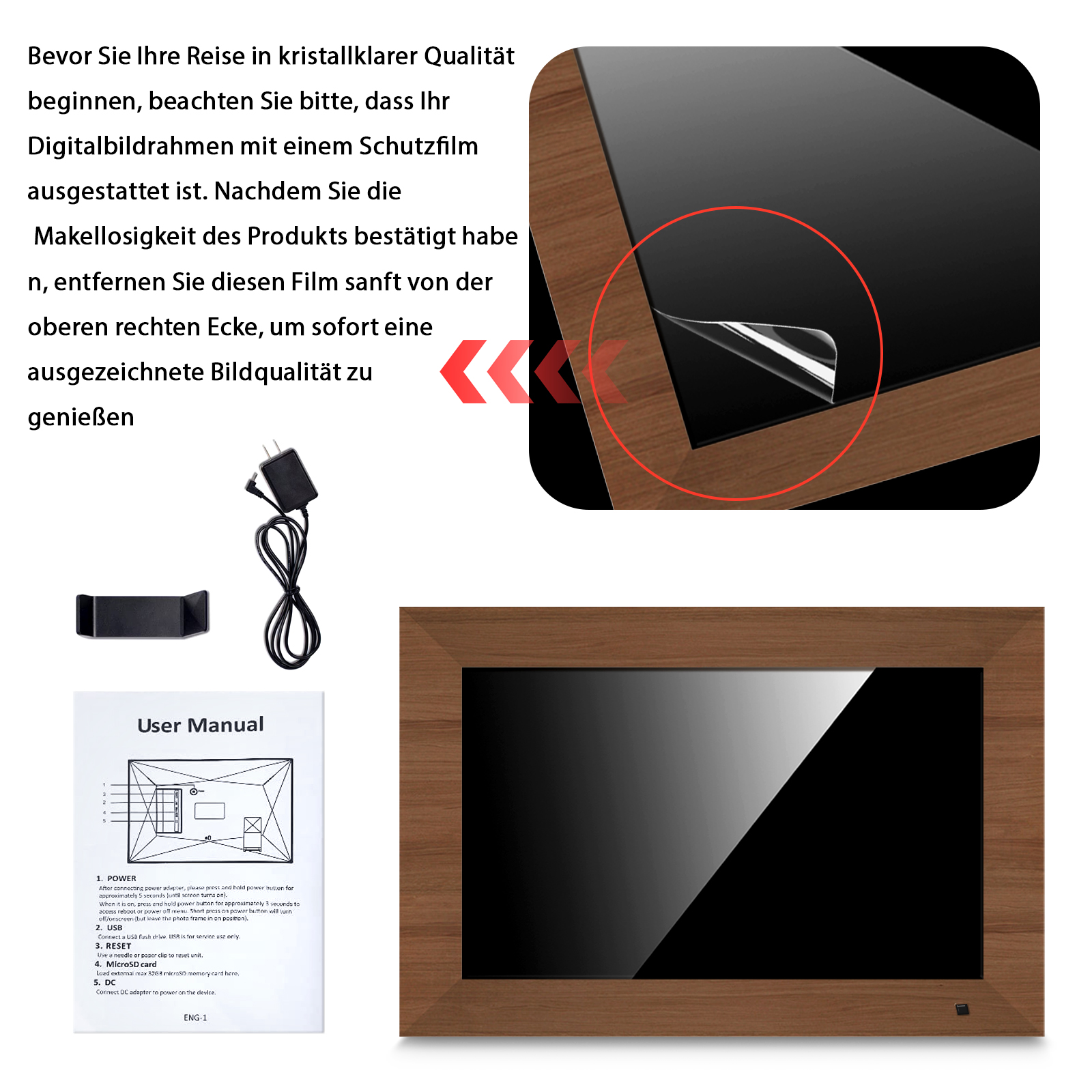 Digitaler Bilderrahmen mit Zubehör: Netzteil, Ständer, Handbuch und Rahmen.