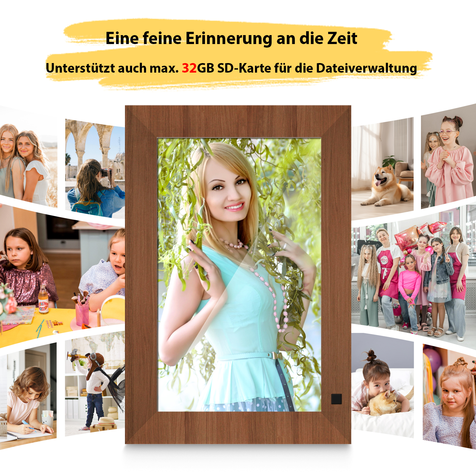 Digitaler Bilderrahmen mit Collage aus Fotos von Menschen, Tieren und Landschaften.