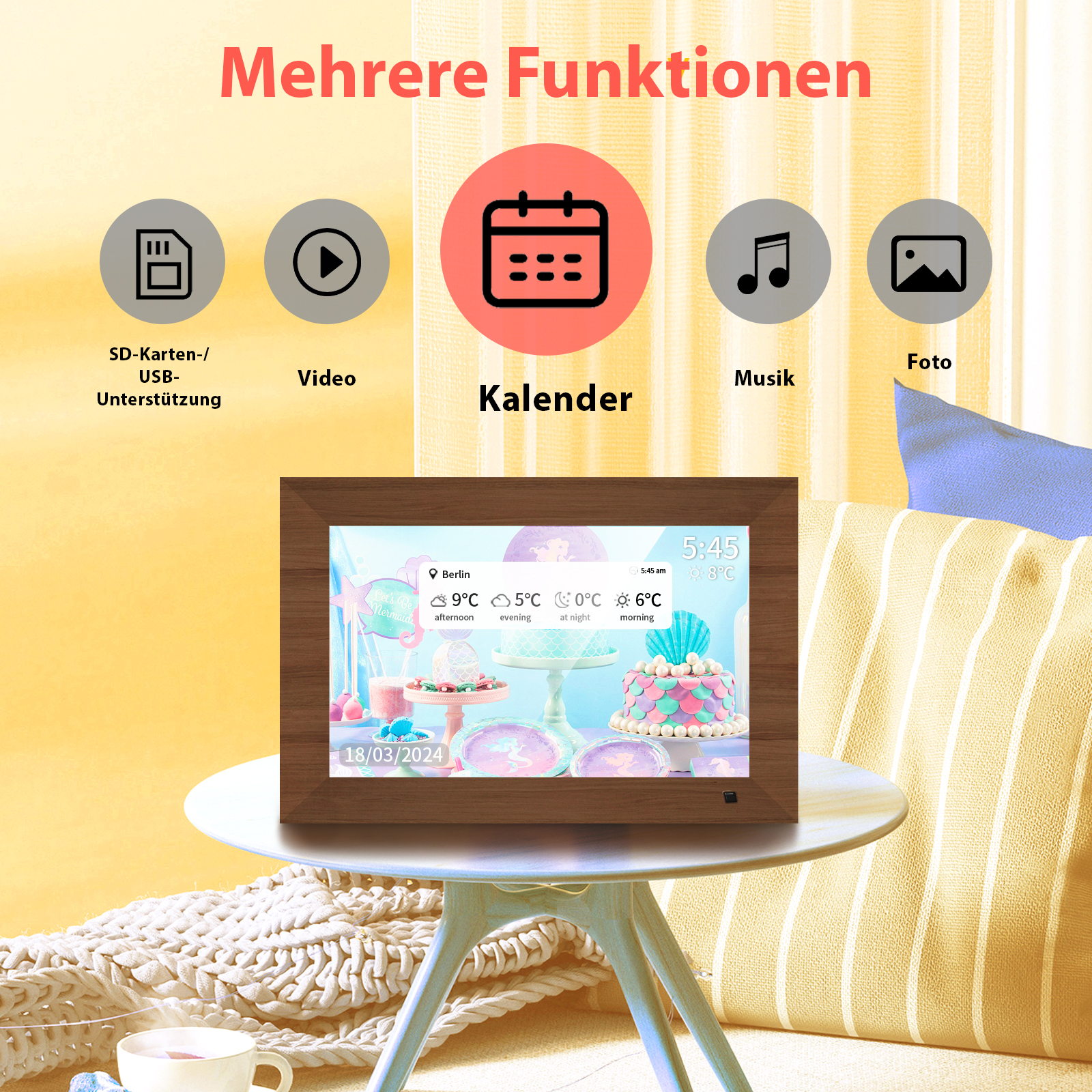 Digitaler Bilderrahmen zeigt eine Meerjungfrauenparty mit Kuchen und Wetterdaten.