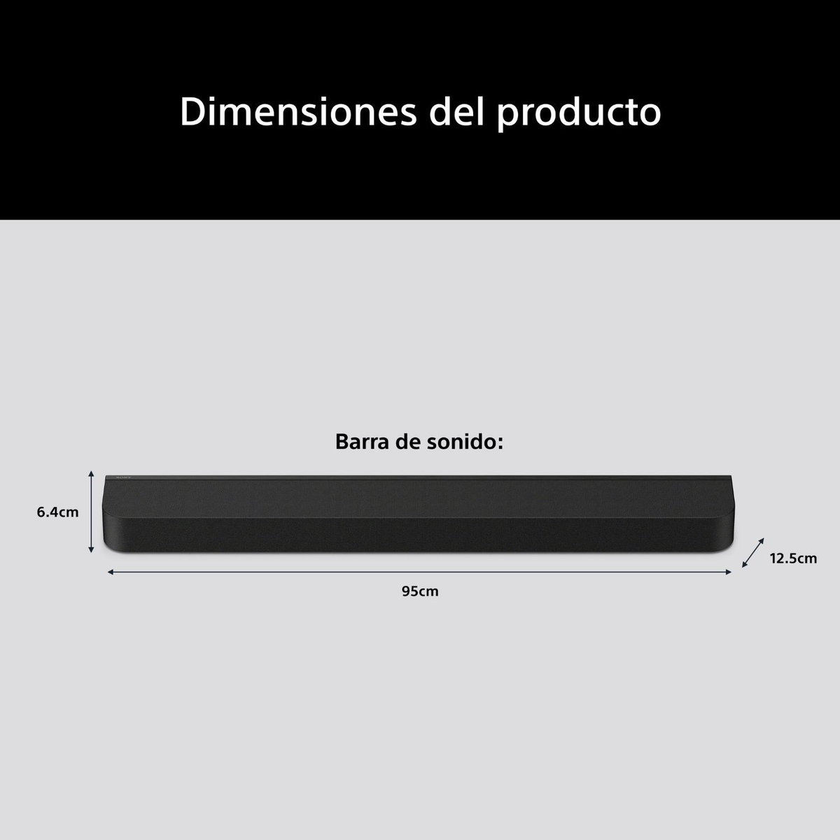 Barra de sonido negra con dimensiones: 95cm de largo, 6.4cm de alto, 12.5cm de profundo.