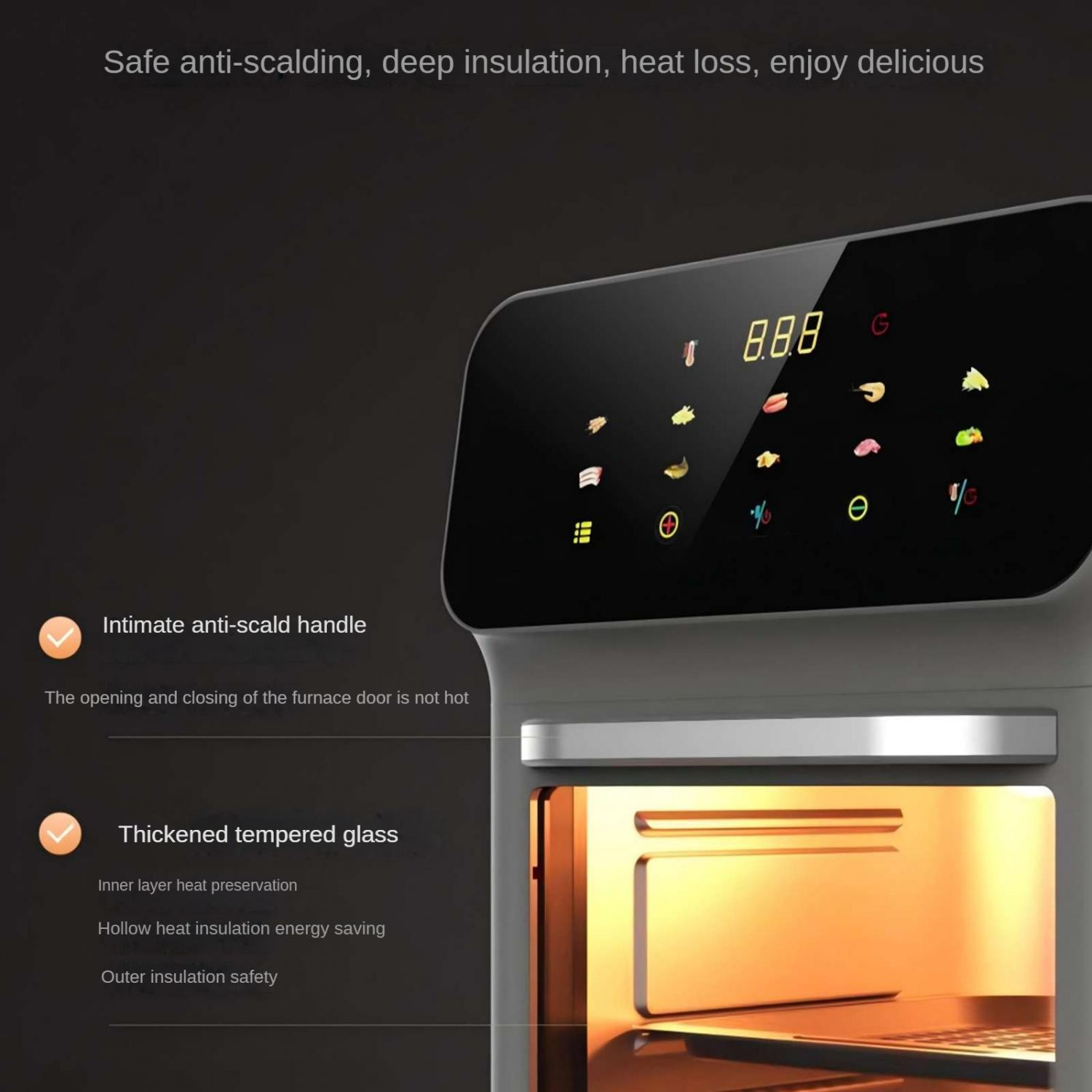 Moderne Heißluftfritteuse mit Touchscreen-Bedienfeld und Beleuchtung im Innenraum.