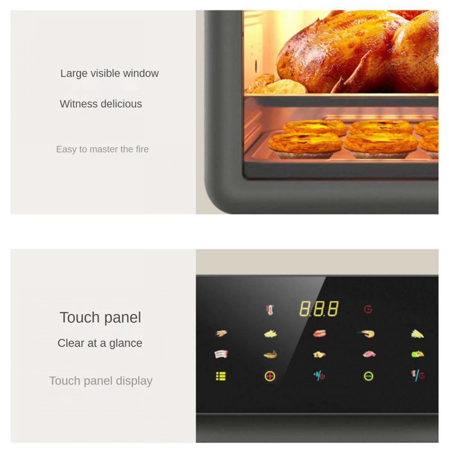 Ofen mit Brathähnchen, Törtchen und digitalem Touch-Panel-Display.