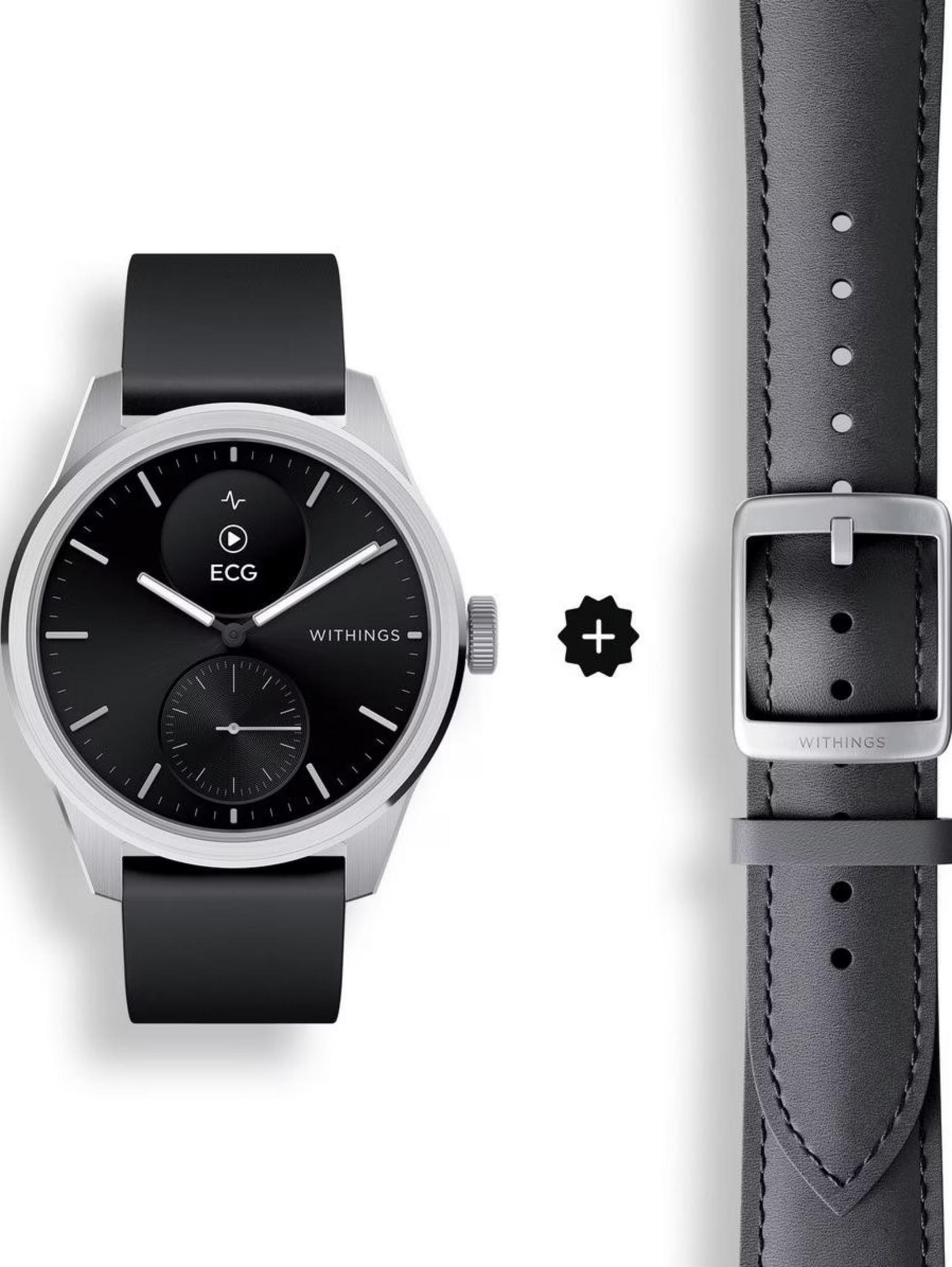 Un orologio elegante con quadrante nero, display ECG e un cinturino di ricambio.