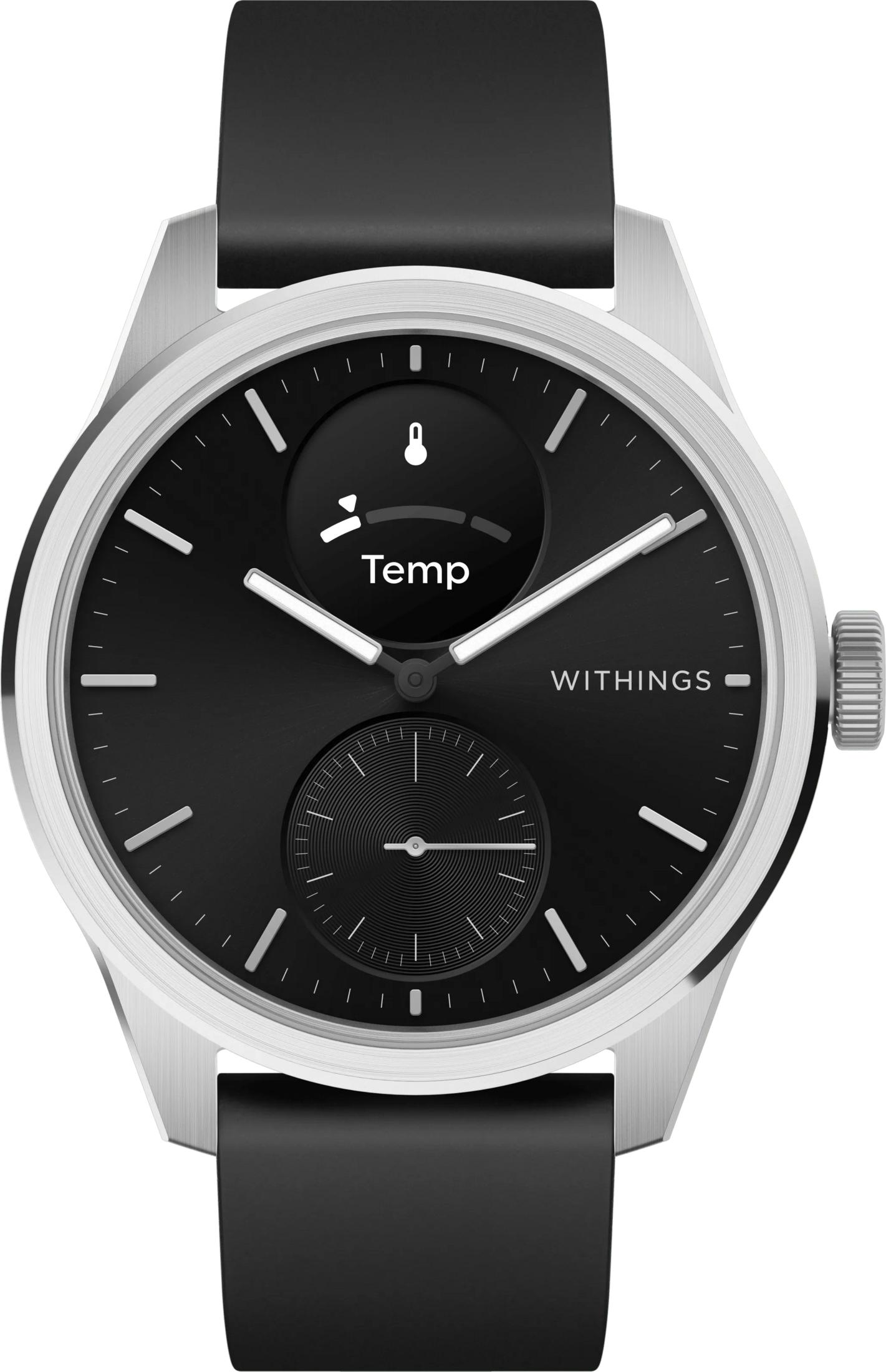 Primo piano di uno smartwatch nero con cassa argentata e cinturino nero.