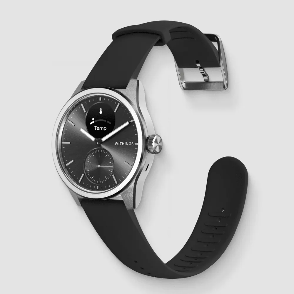 Uno smartwatch grigio con cinturino nero e quadrante rotondo che mostra 'Temp'.