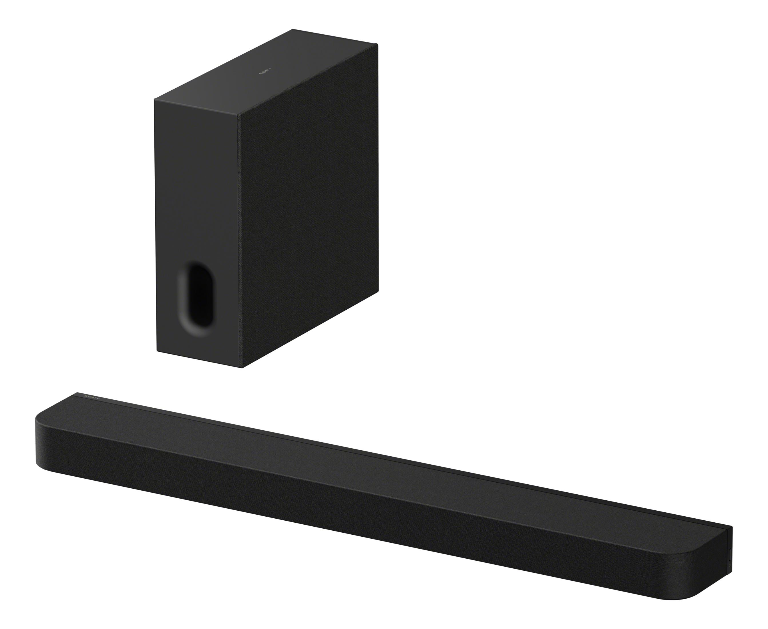 Una soundbar e un subwoofer neri sono posizionati uno accanto all'altro su sfondo bianco.