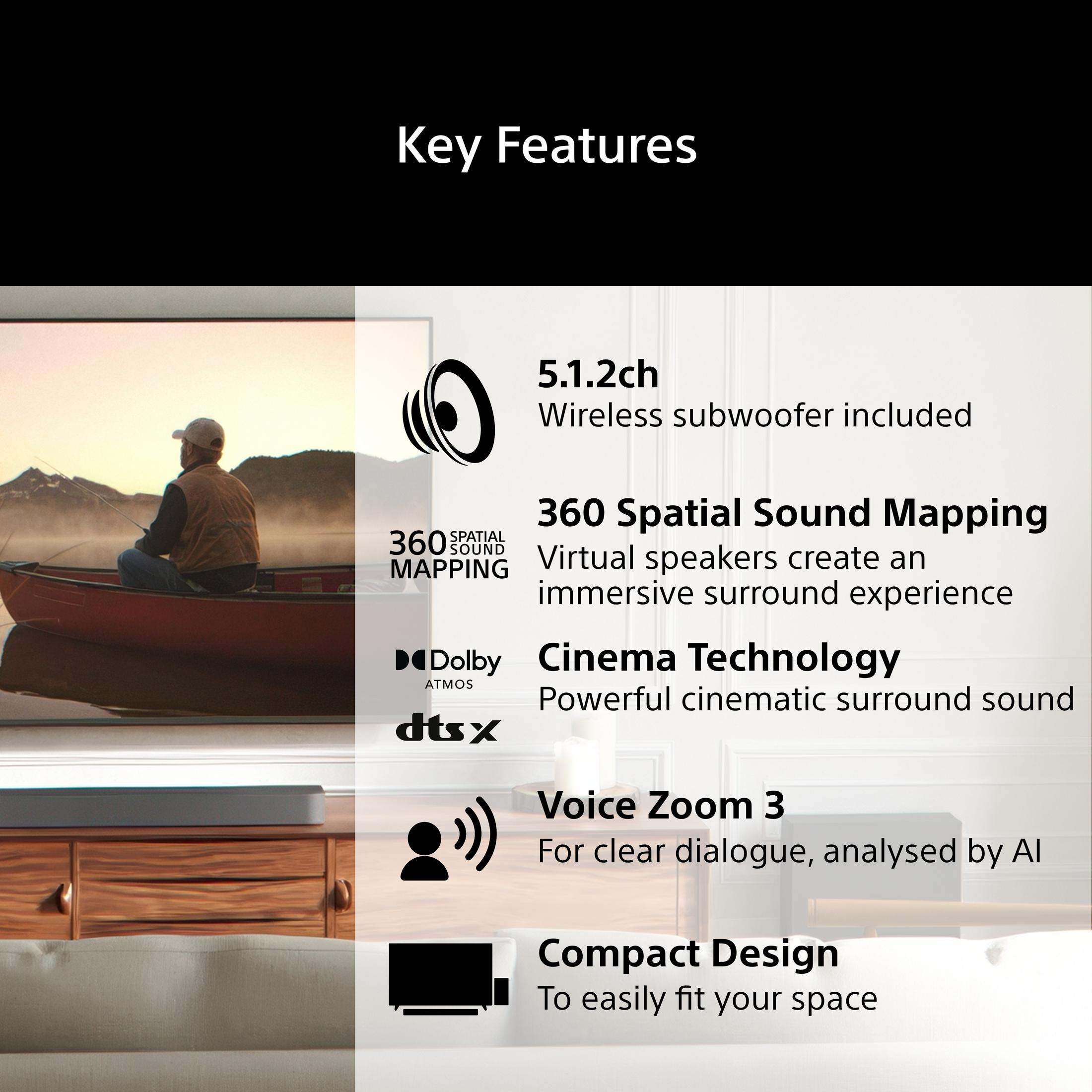 Caratteristiche principali: 5.1.2ch, Mappatura sonora spaziale 360, Tecnologia Cinema, Voice Zoom 3, Design compatto.