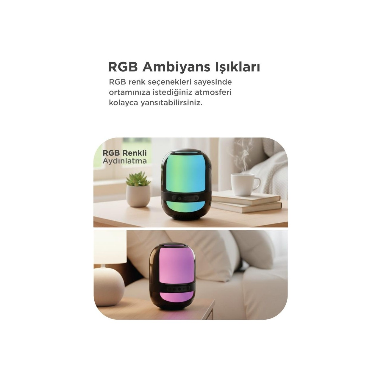 Yeşil/mavi ve pembe/mor RGB aydınlatmalı yuvarlak hoparlör.