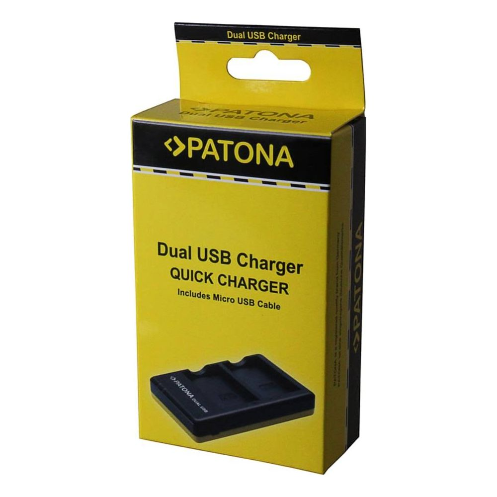 Gelbe Verpackung für ein Dual-USB-Ladegerät mit schwarzem Ladefach und Kabel.