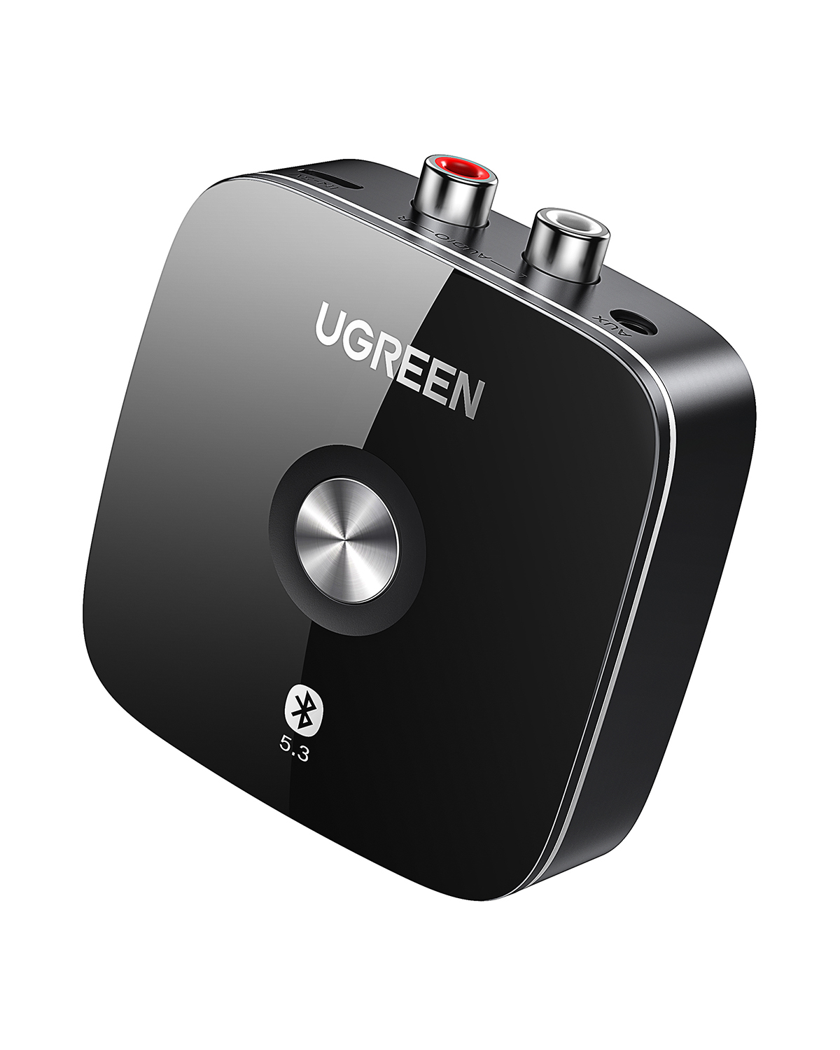 RCA ve AUX bağlantı noktalarına sahip siyah UGREEN Bluetooth 5.3 alıcı, orta düğmeli.