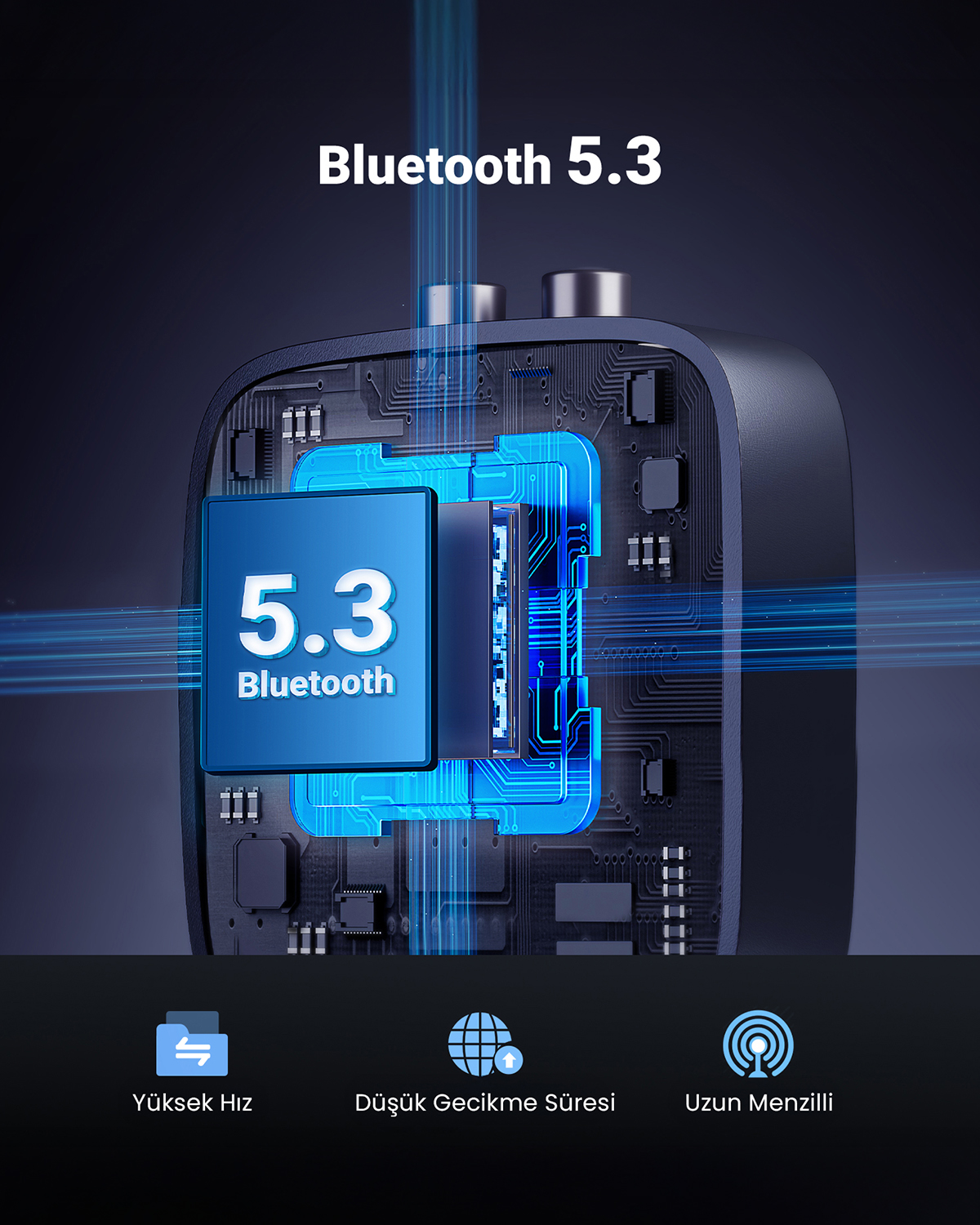 Bluetooth 5.3 cihazının yakın çekimi, devre kartı detayları ve hız, gecikme, menzil simgeleriyle.