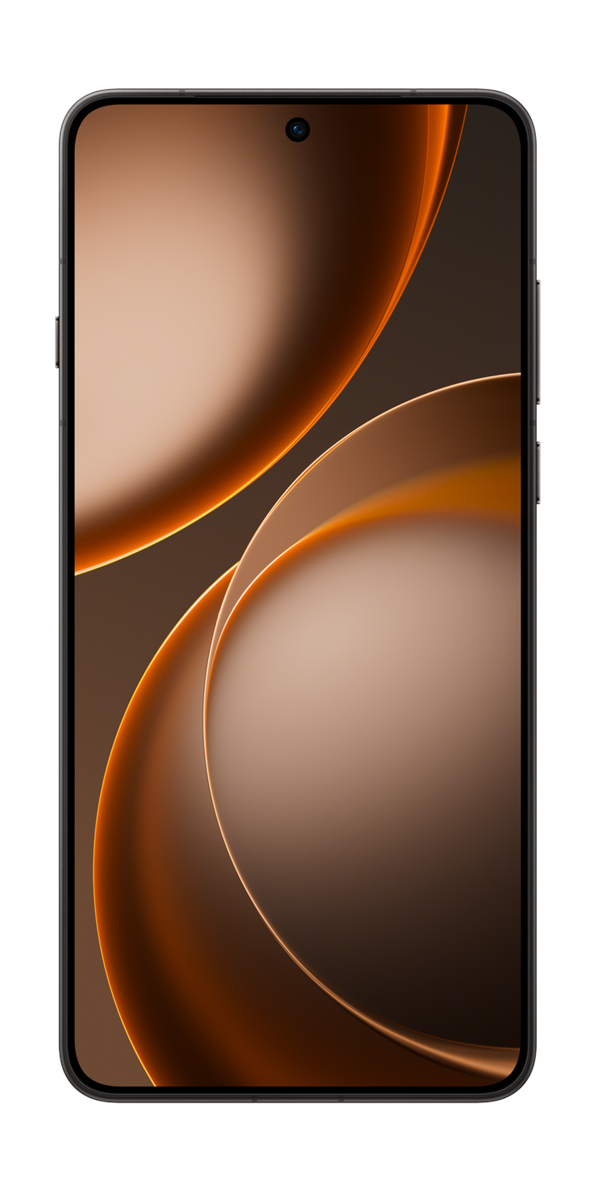 Un smartphone affiche un fond abstrait en bronze avec des formes courbes et des accents lumineux.