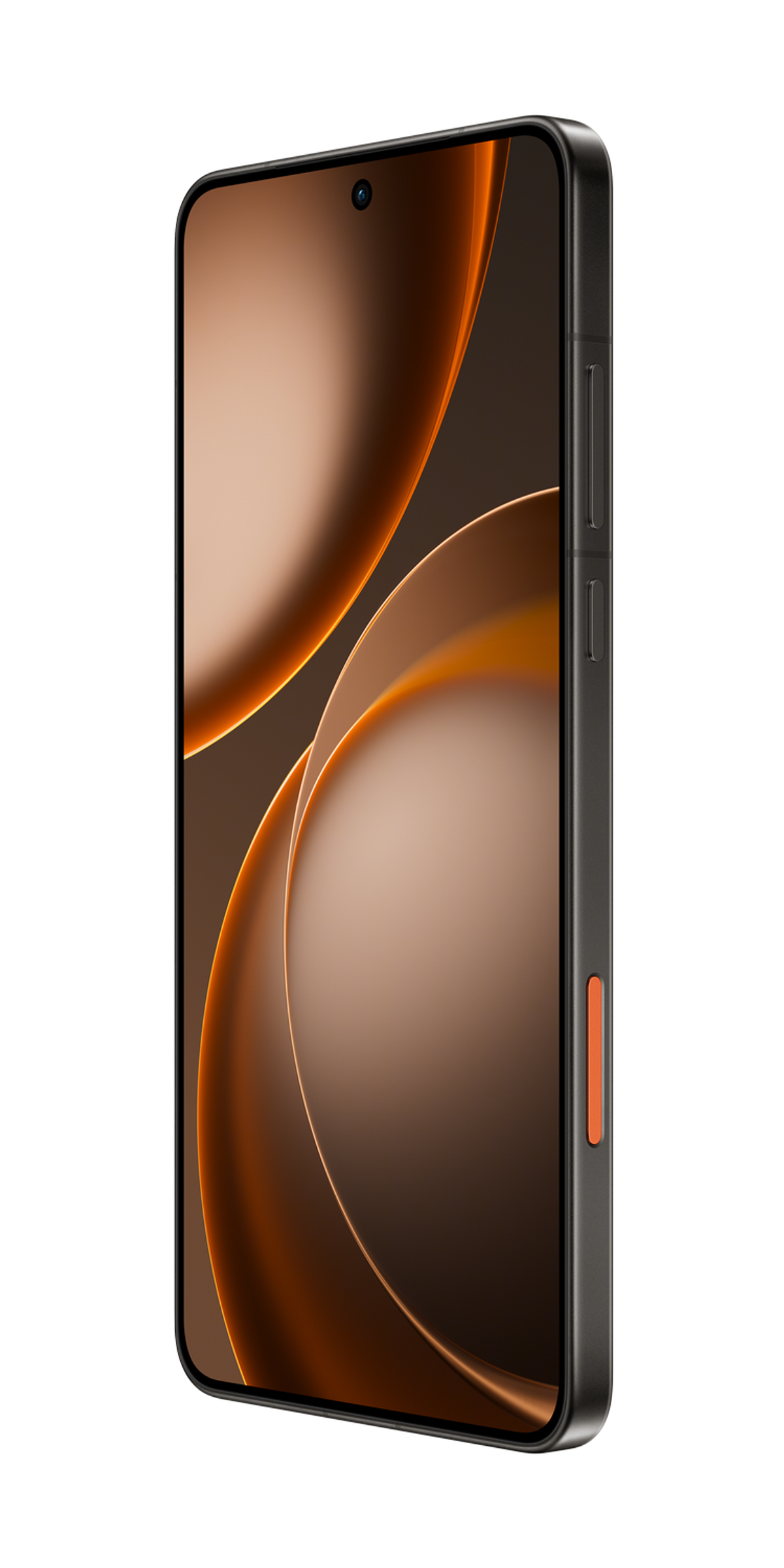 Smartphone gris foncé avec accent orange, fond noir.