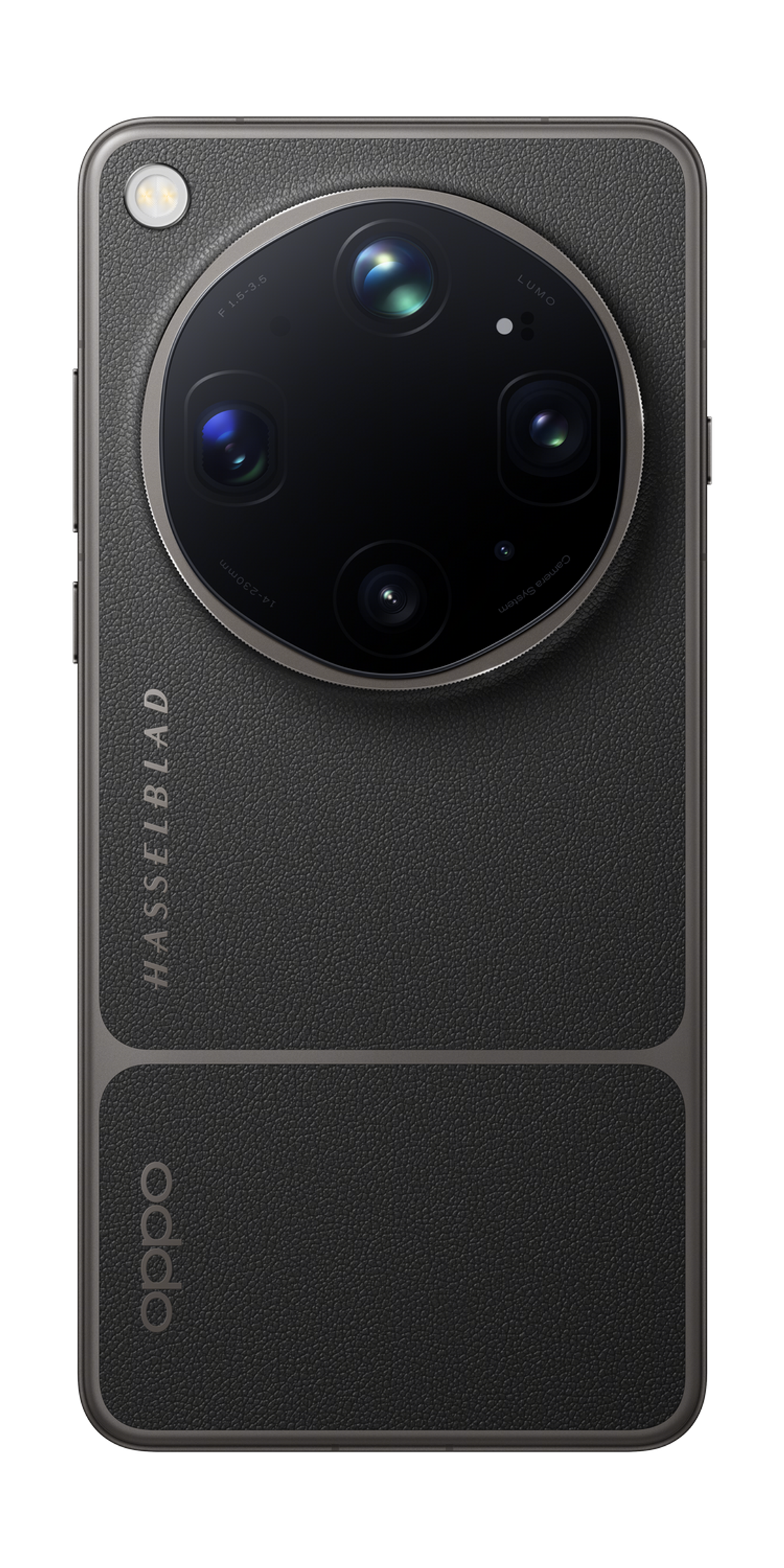 Dos d'un smartphone noir avec appareil photo Hasselblad et logo OPPO.