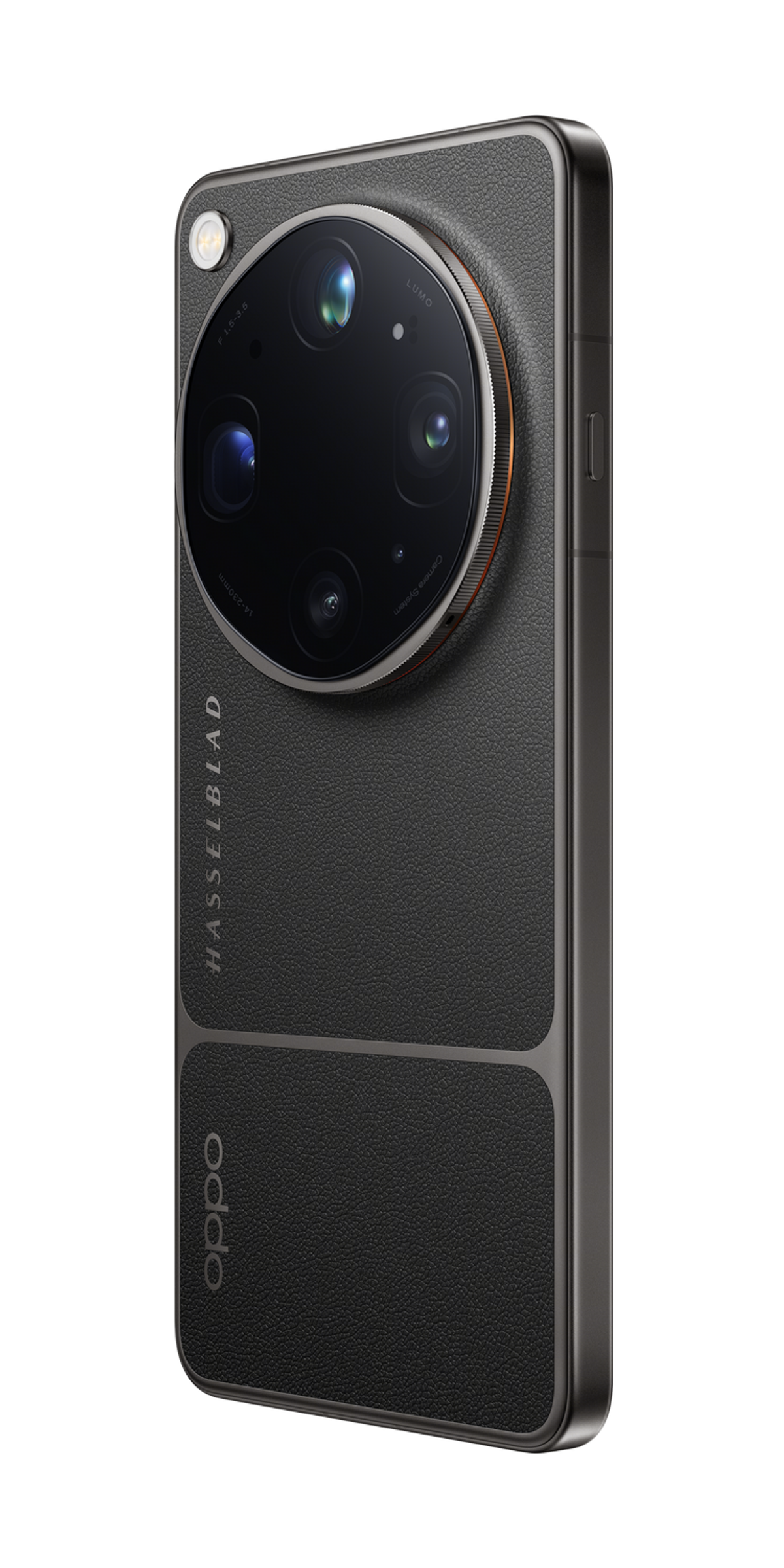 Dos d'un smartphone noir avec appareil photo Hasselblad et logo Oppo.