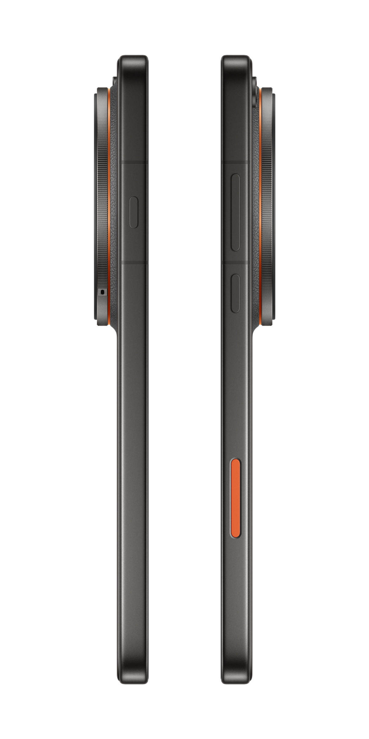 Deux smartphones sombres avec des accents orange sur fond noir.