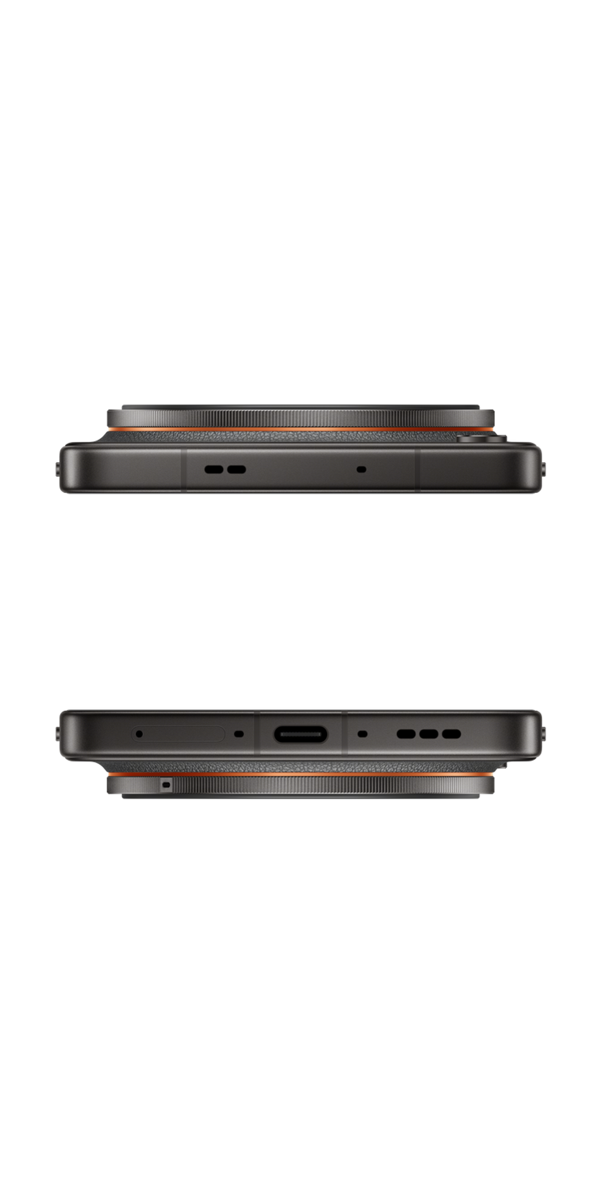Trois vues d'un smartphone sombre avec anneau orange et port USB-C.