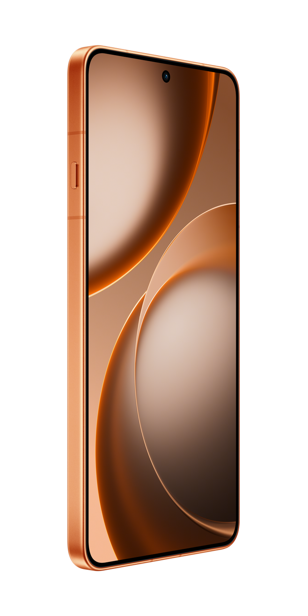Un smartphone bronze sur fond noir avec des lignes courbes sur l'écran.