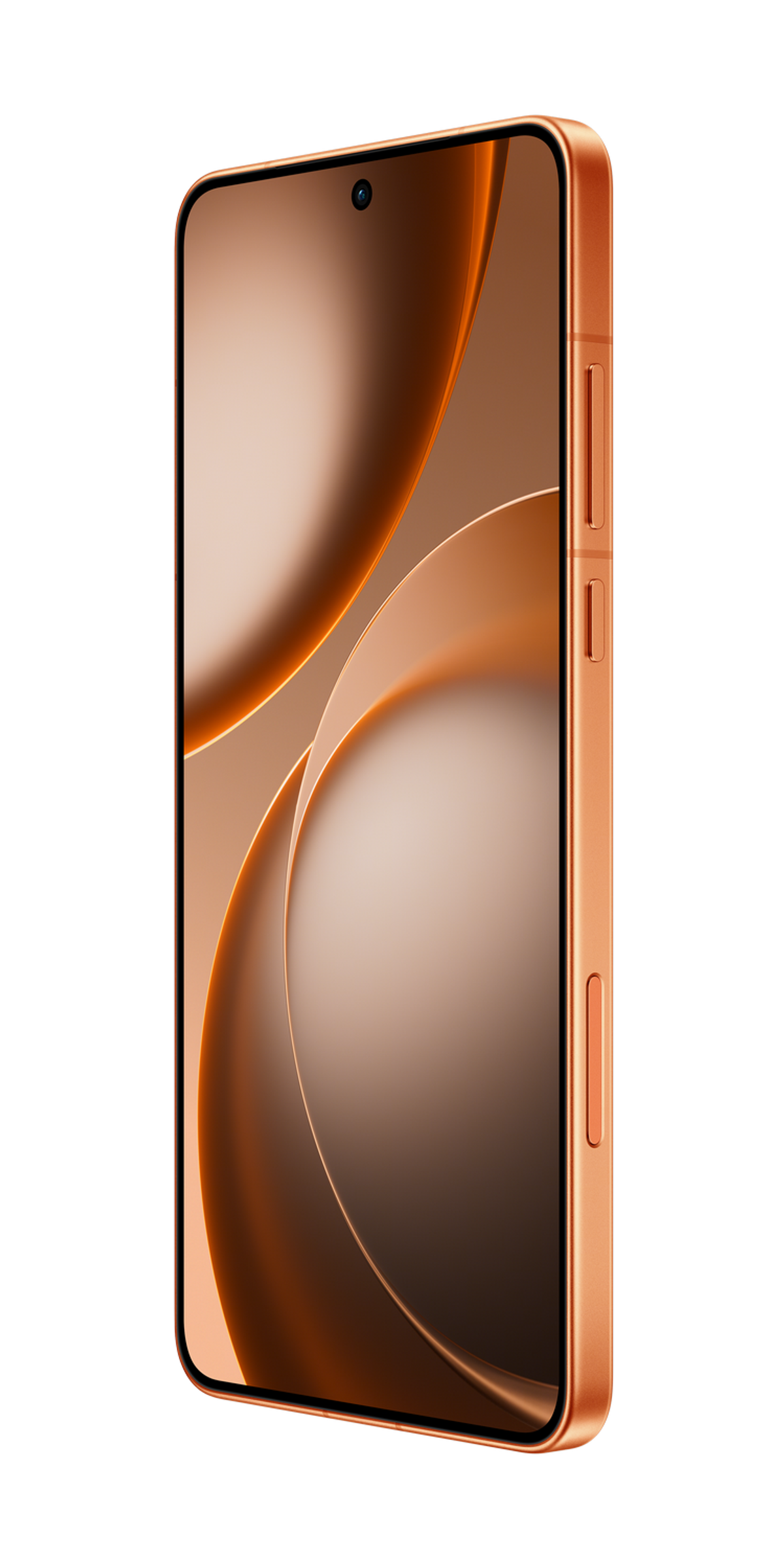 Un smartphone bronze avec un écran sans bord et un petit trou pour la caméra.