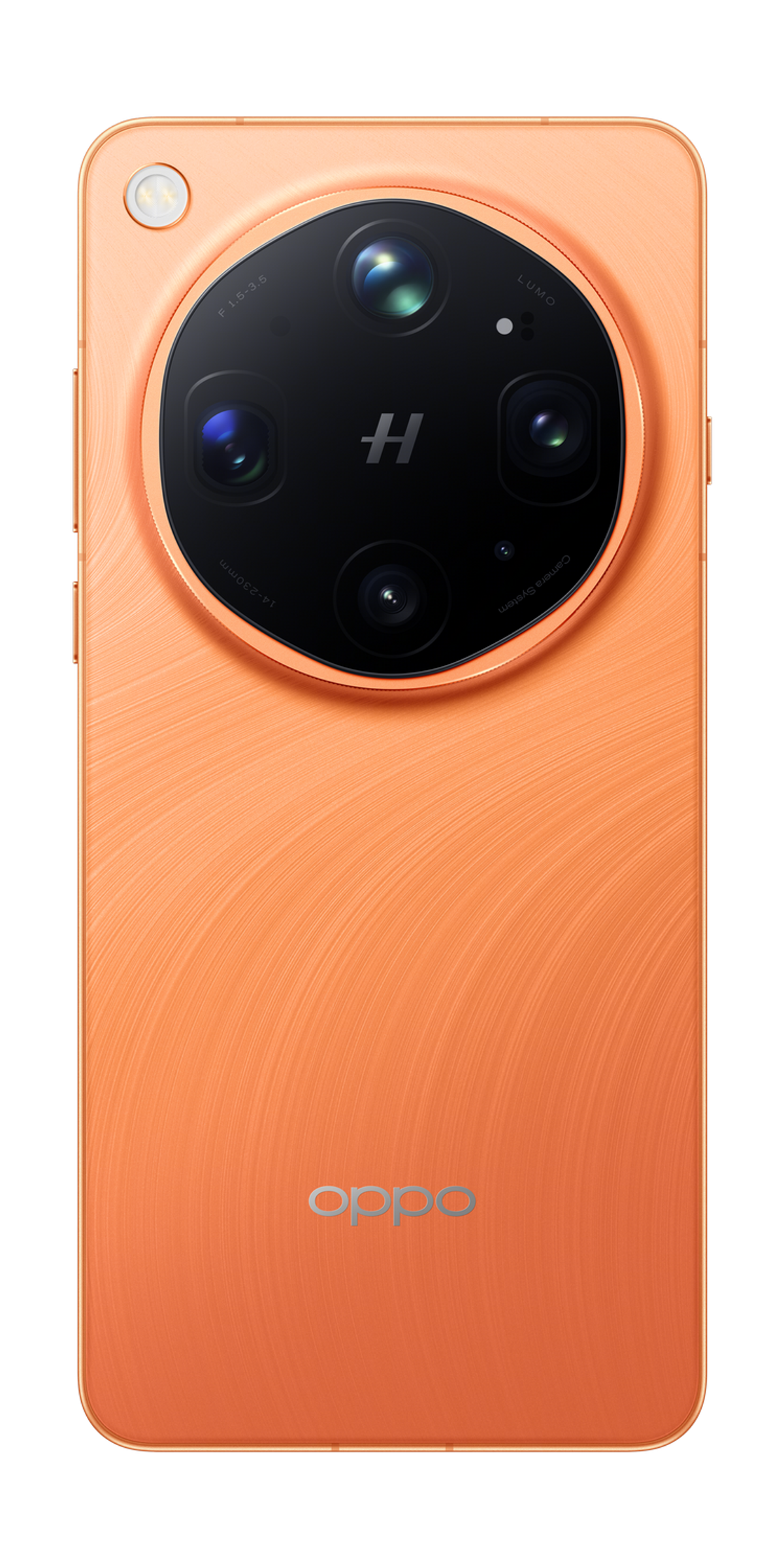 Smartphone orange avec quatre caméras et logo H, texture brossée.