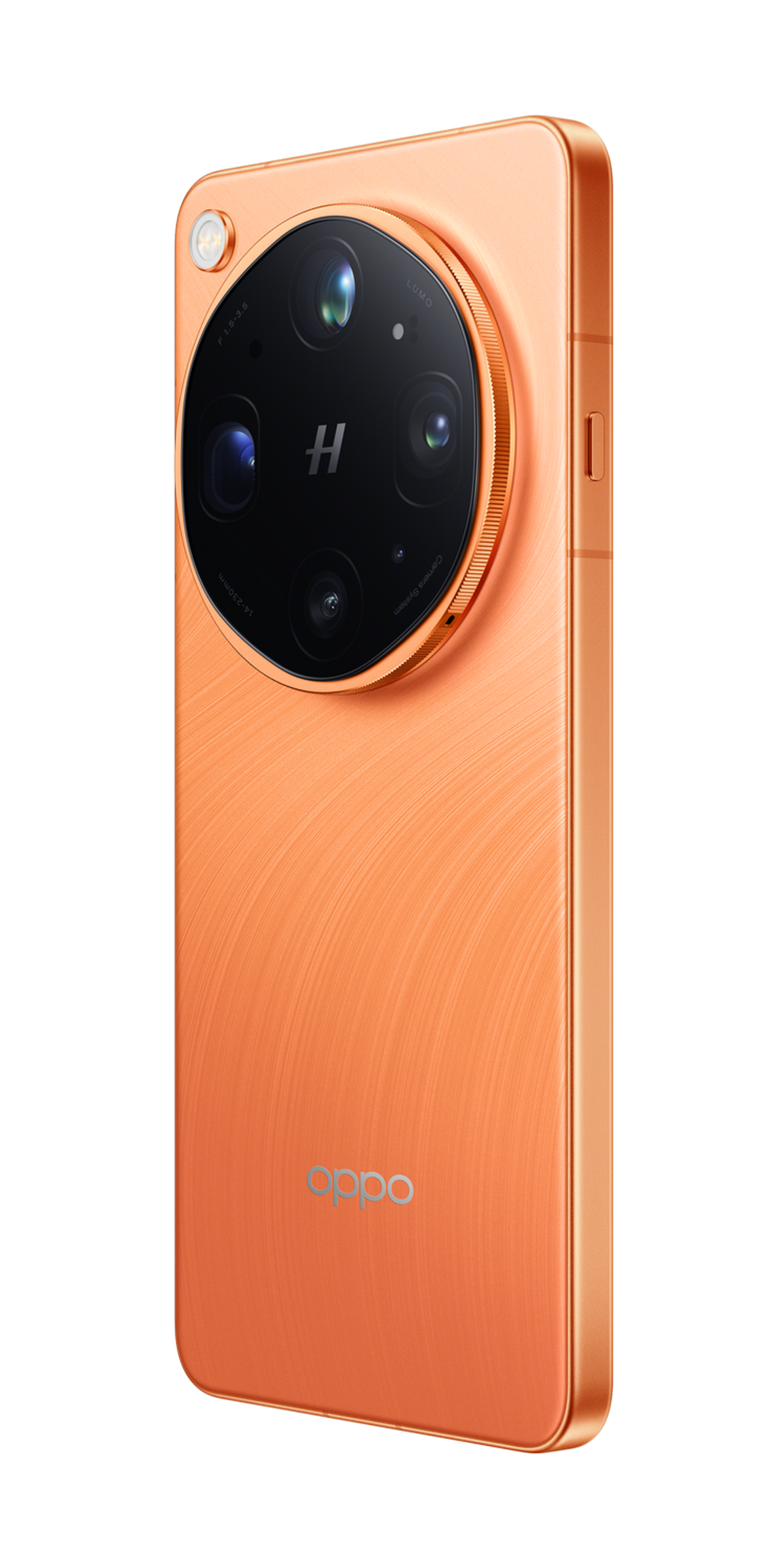 Un smartphone orange avec un grand module caméra rond à l'arrière.