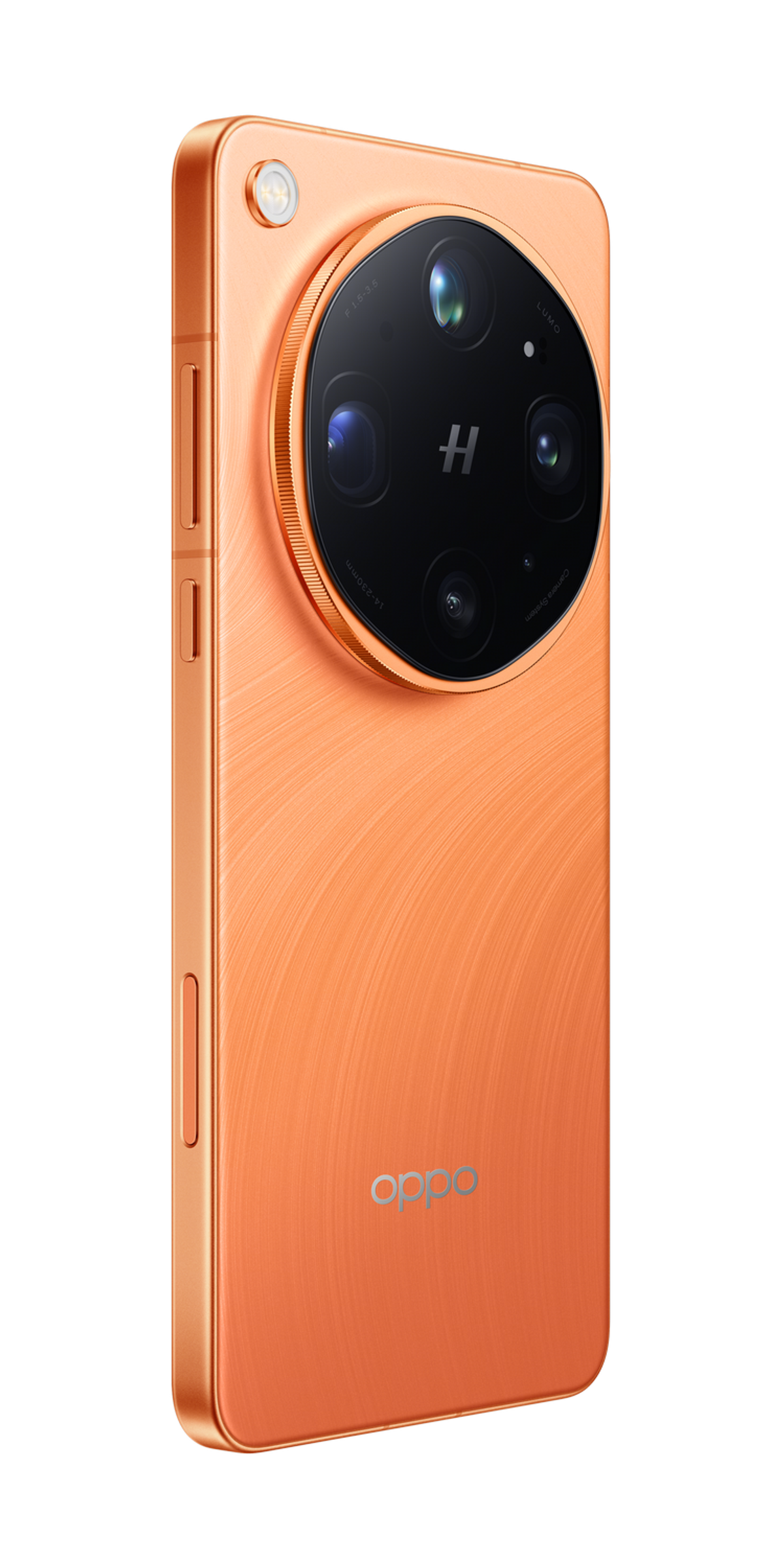 Un smartphone orange avec un objectif de caméra rond et le logo Oppo.
