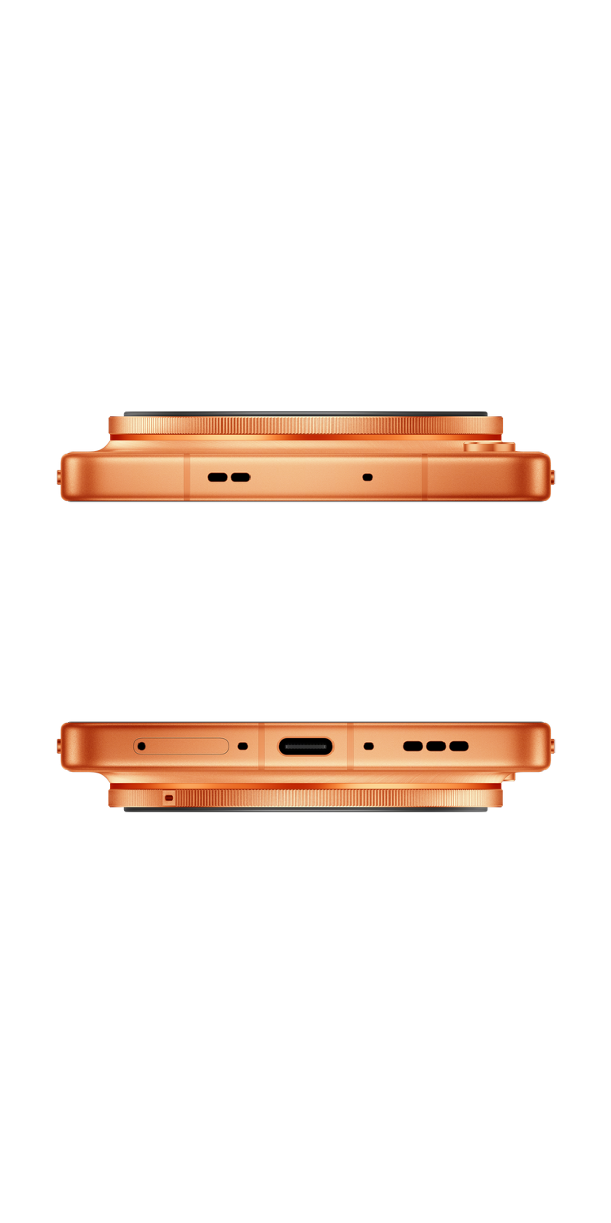 Gros plan du bas d'un smartphone couleur bronze montrant les ports.