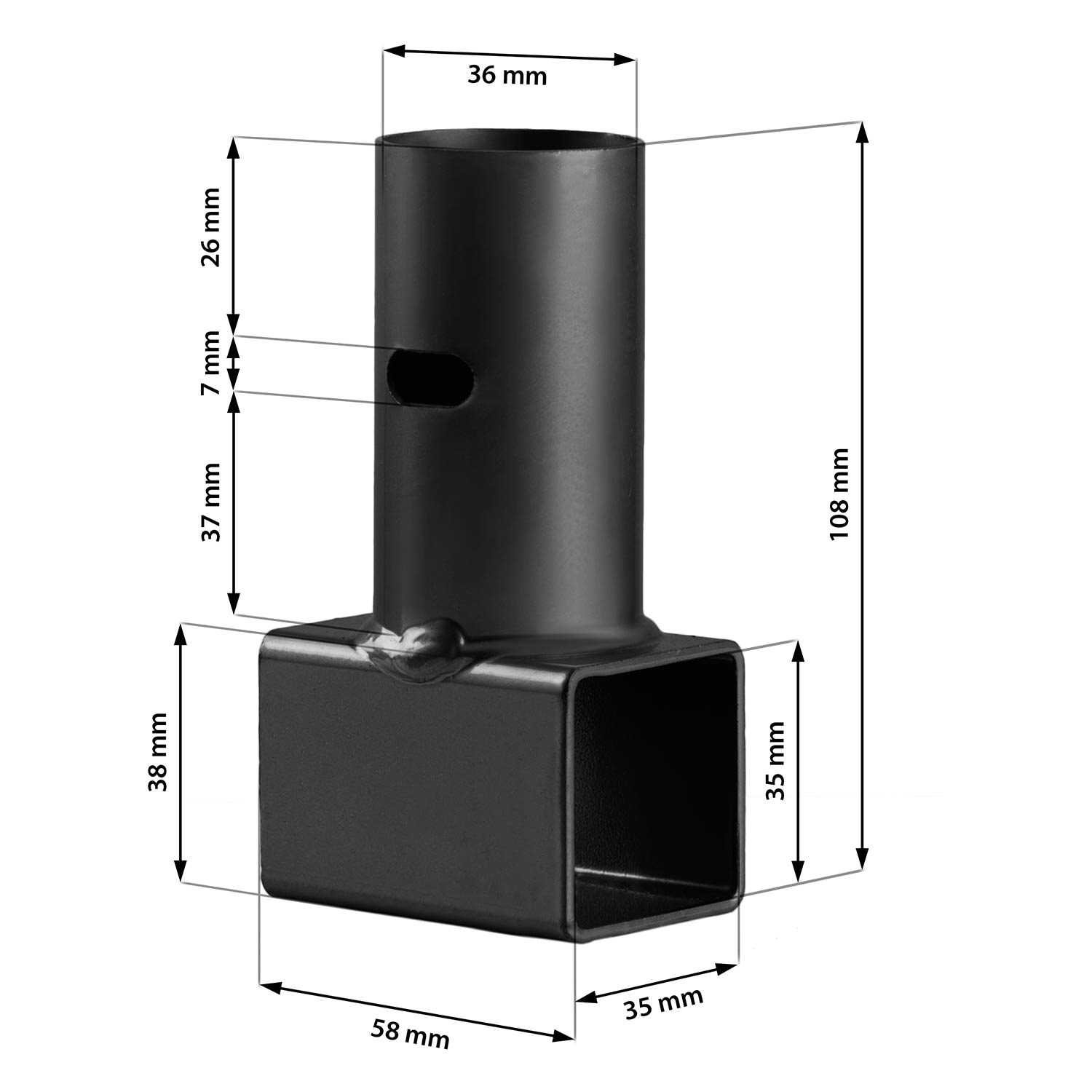 Czarny adapter metalowy o wymiarach: 108mm Dł, 36mm Śr, 58mm Szer, 38mm Wys.