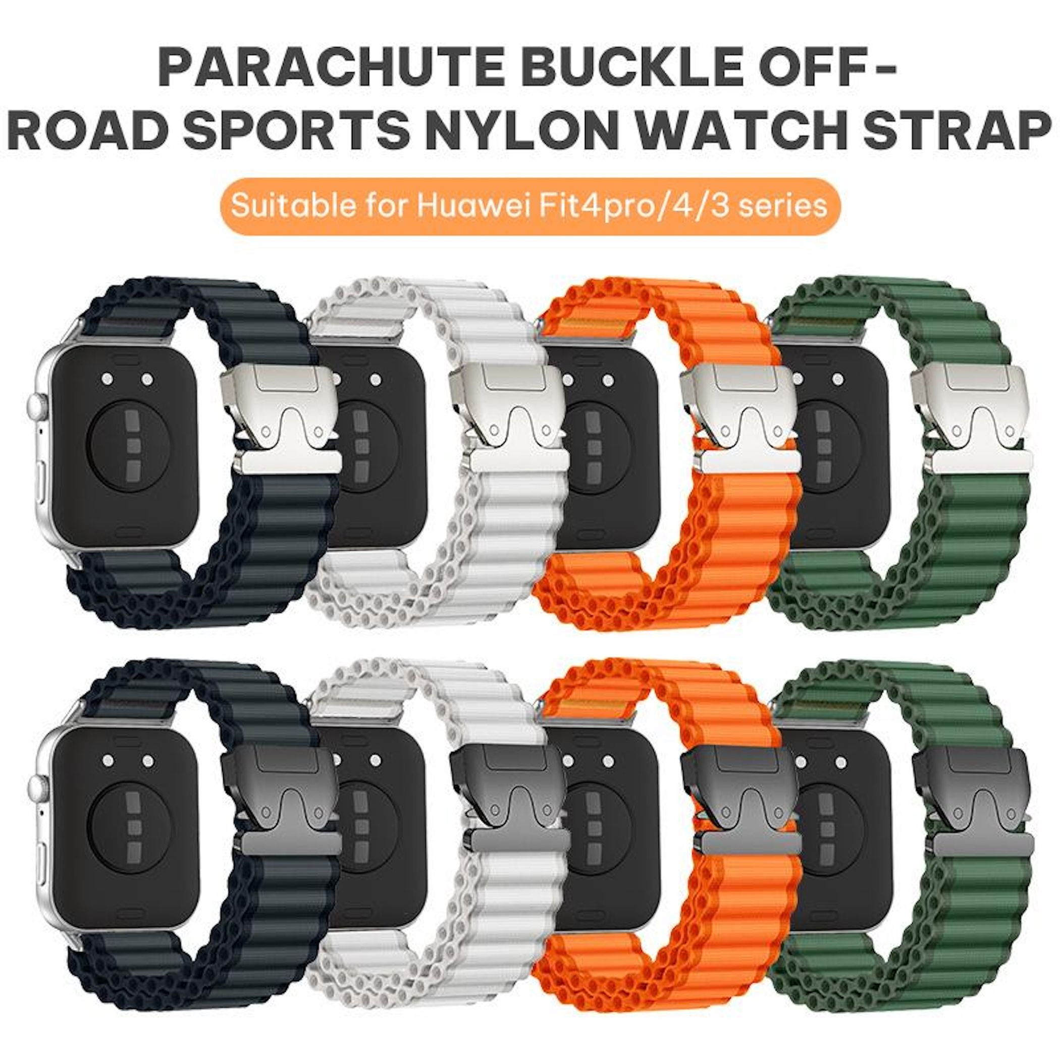 Vier Paar Uhrenarmbänder in Schwarz, Weiß, Orange und Grün mit Schnallen.