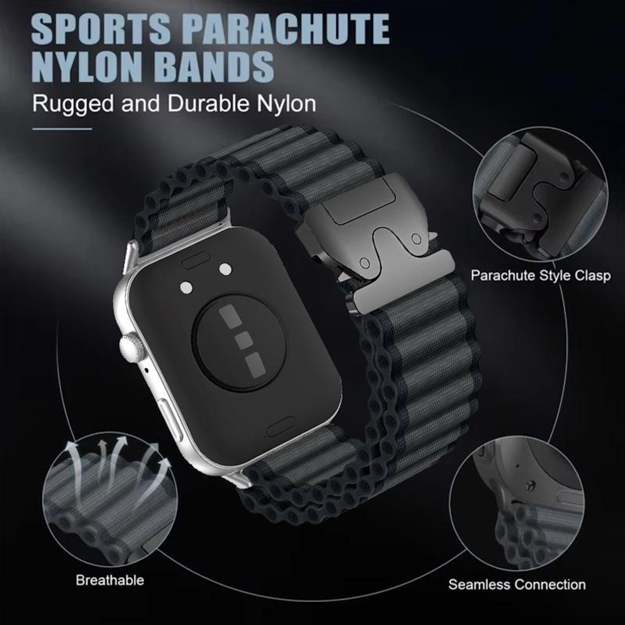 Graues Nylon-Uhrenarmband mit silberner Smartwatch und Schnalle.