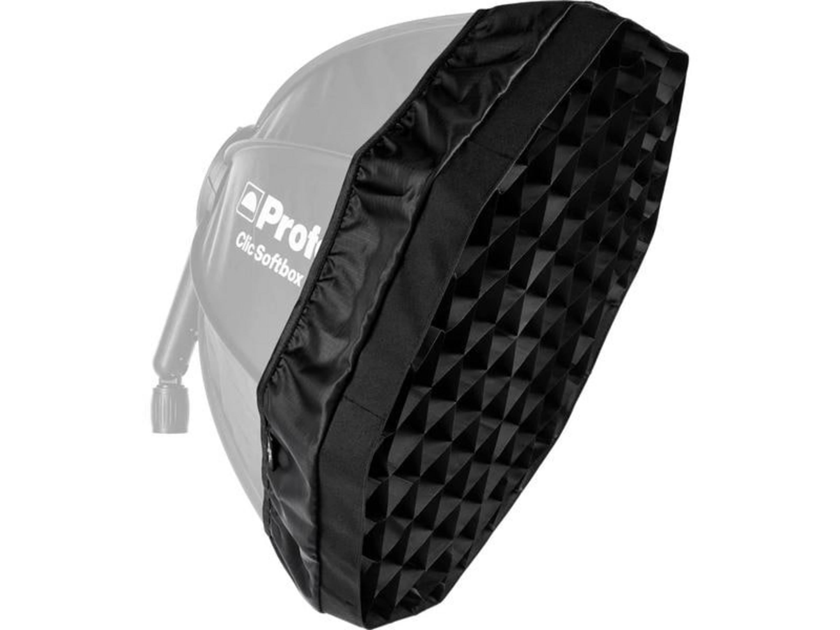 Ein Profoto Clic Softbox mit Wabengitter-Diffusor, weißer Hintergrund.