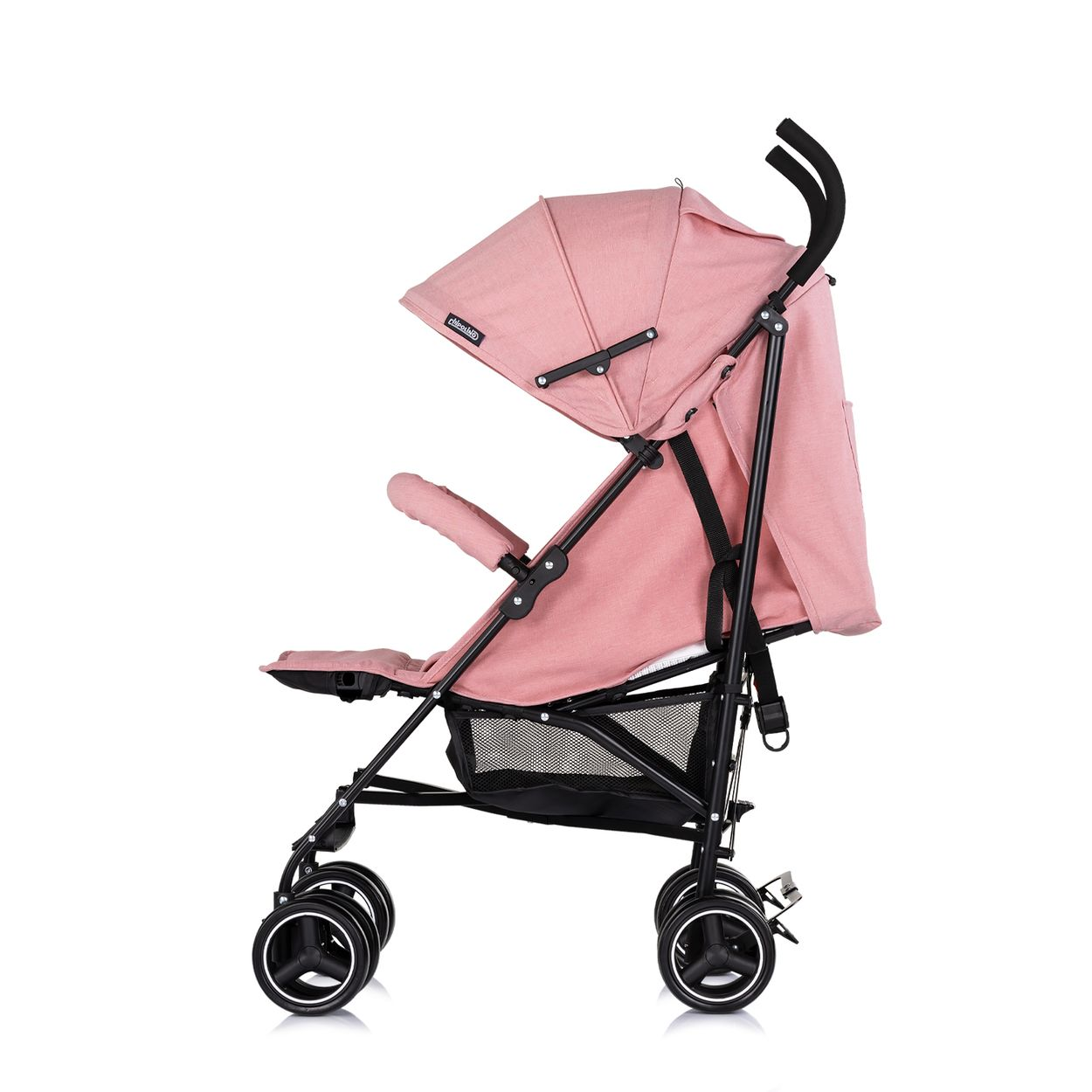 Ein pinker Kinderwagen mit schwarzem Rahmen, Verdeck, Sitz und Rädern, auf weißem Grund.