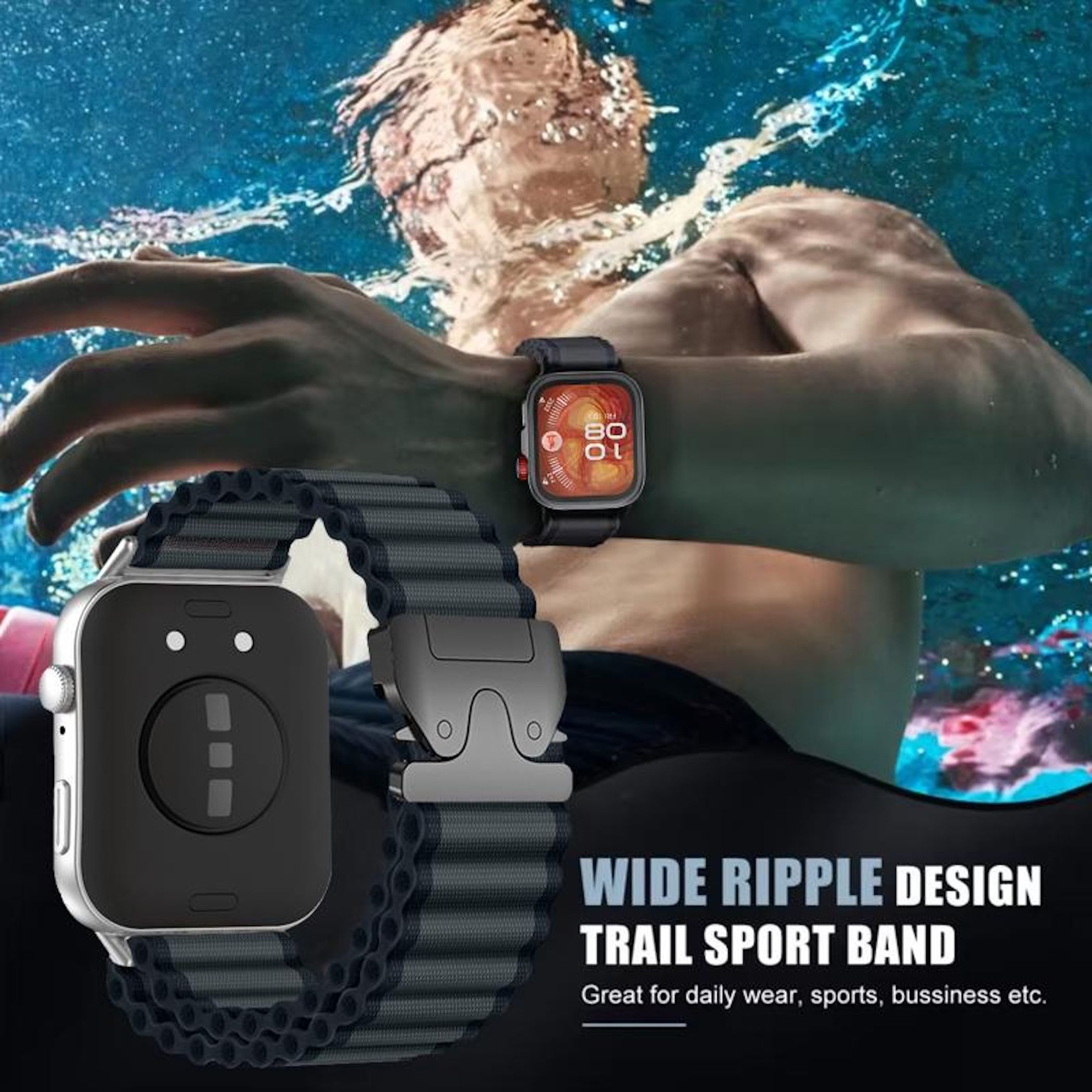 Mann schwimmt unter Wasser, trägt eine Sportuhr mit blauem Armband.