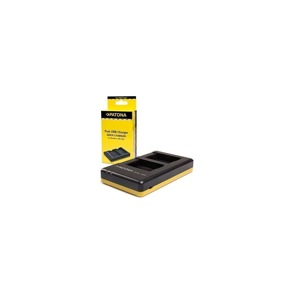 Ein schwarz-gelbes Dual-USB-Ladegerät von PATONA wird mit seiner Verpackung gezeigt.