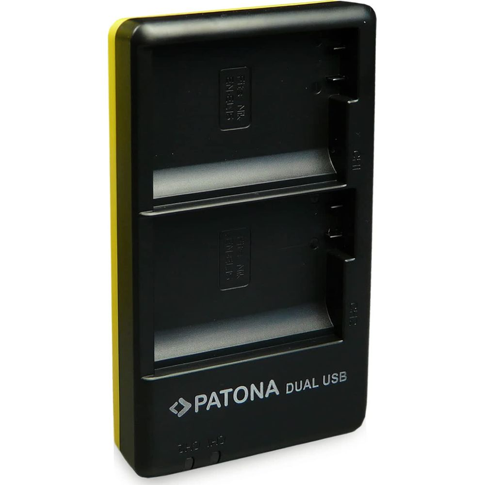 Schwarzes Ladegerät mit gelben Akzenten und „PATONA DUAL USB“ Aufschrift.