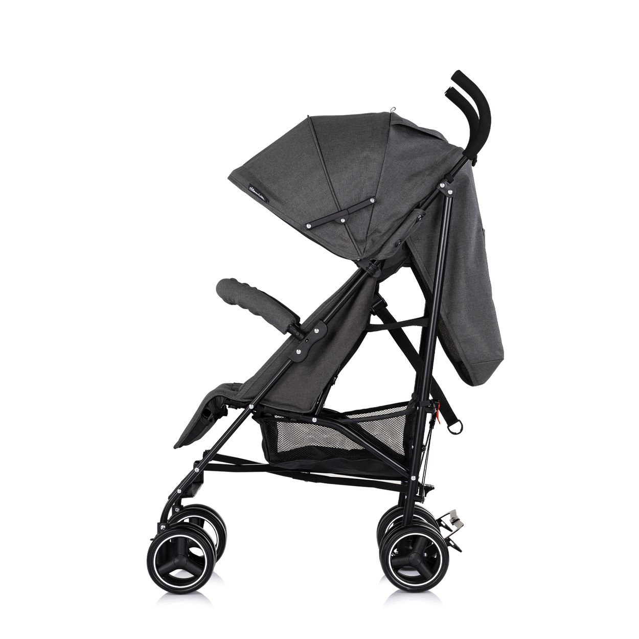Ein dunkler Kinderwagen mit grauem Stoff und schwarzem Rahmen.