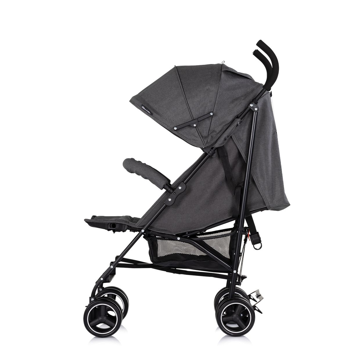 Ein dunkler Kinderwagen mit grauem Stoff, schwarzem Rahmen und Rädern.
