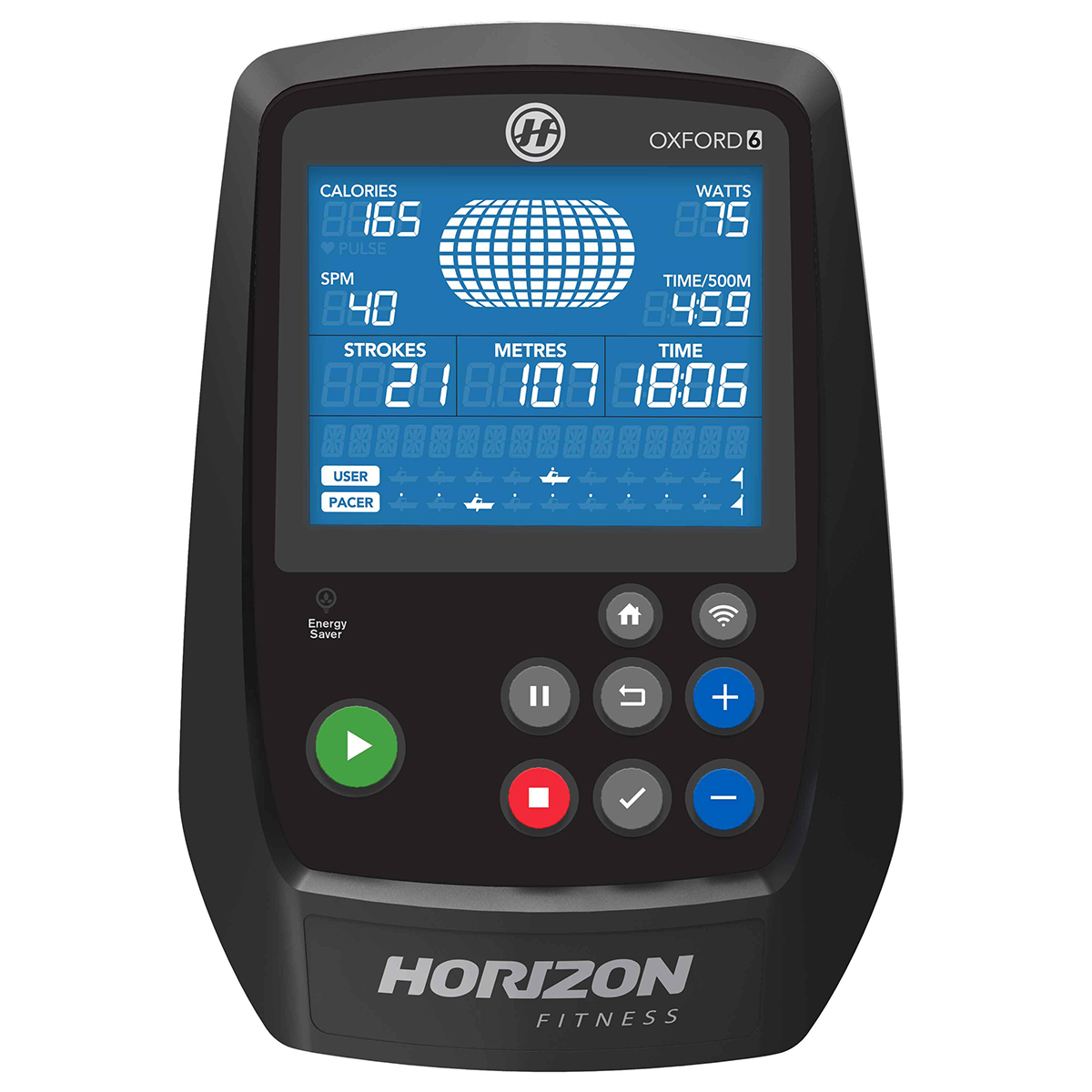 Schwarzer Horizon Fitness Rudergerät-Konsole zeigt Kalorien, Watt, Züge, Zeit und Distanz.