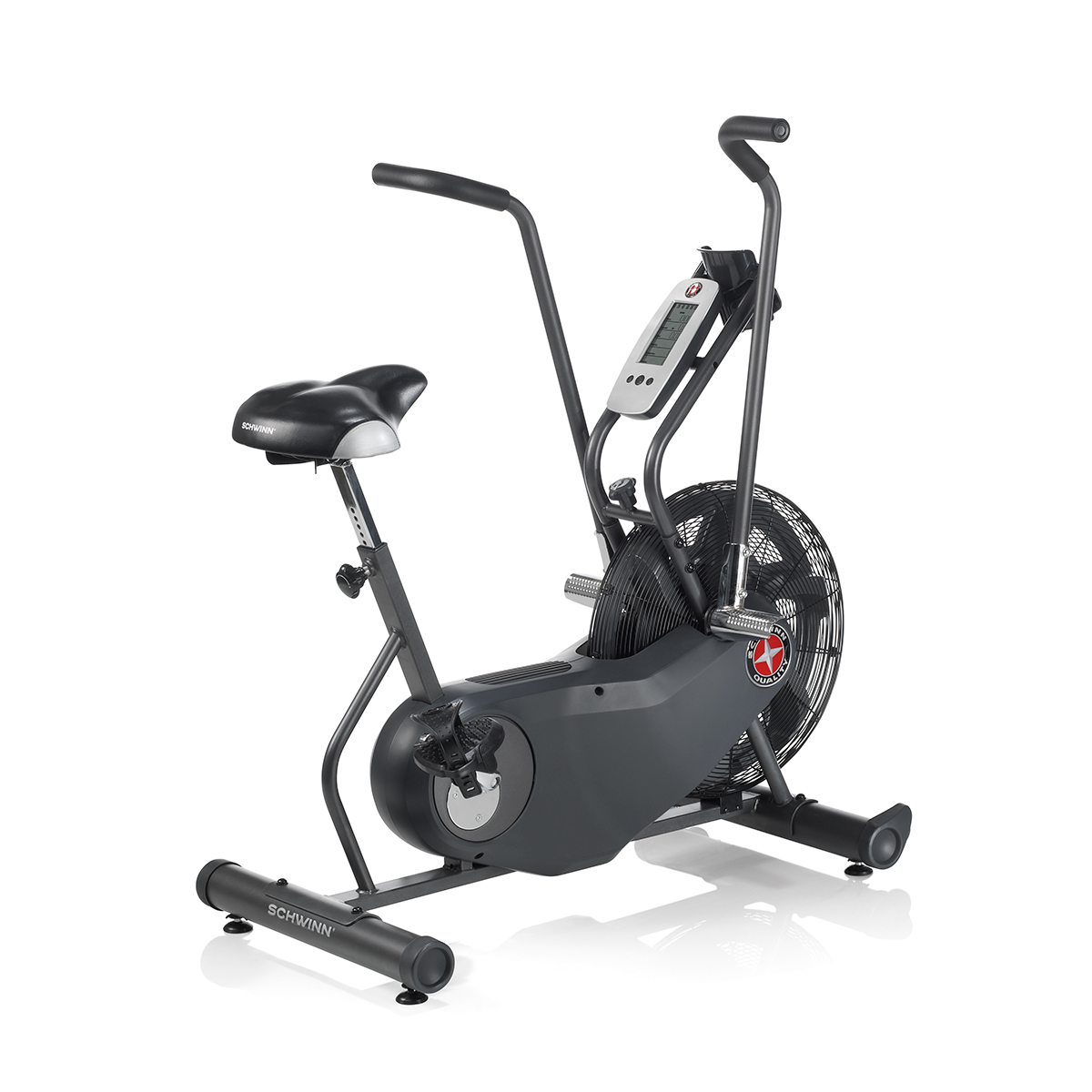 Un vélo d'appartement avec guidon mobile, siège noir et grand ventilateur.