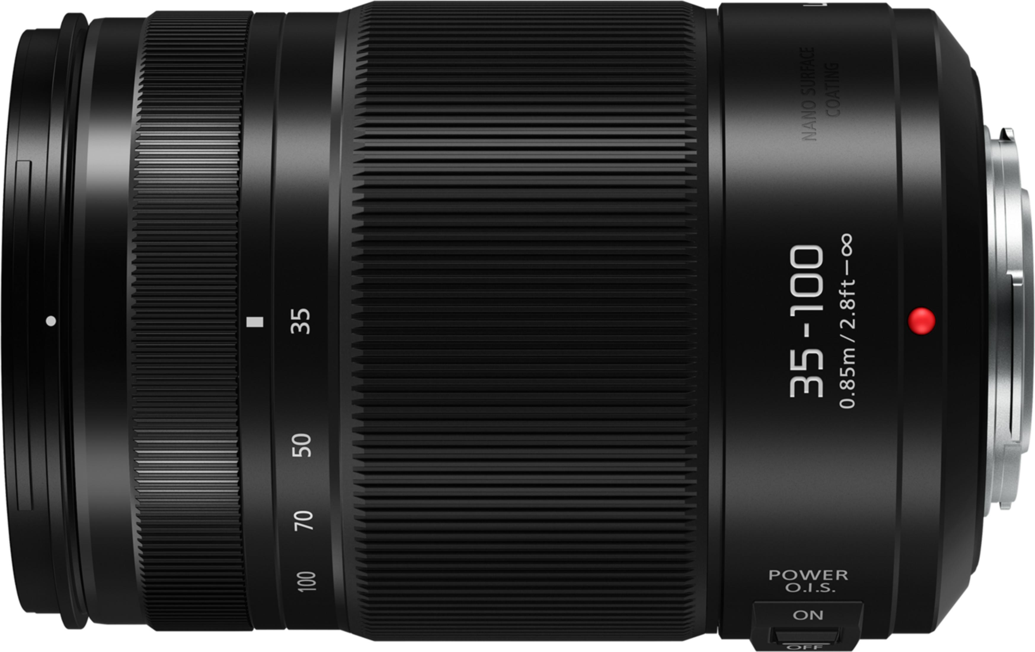 Czarny obiektyw aparatu z zoomem 35-100 mm, OIS i przełącznikiem ON/OFF.
